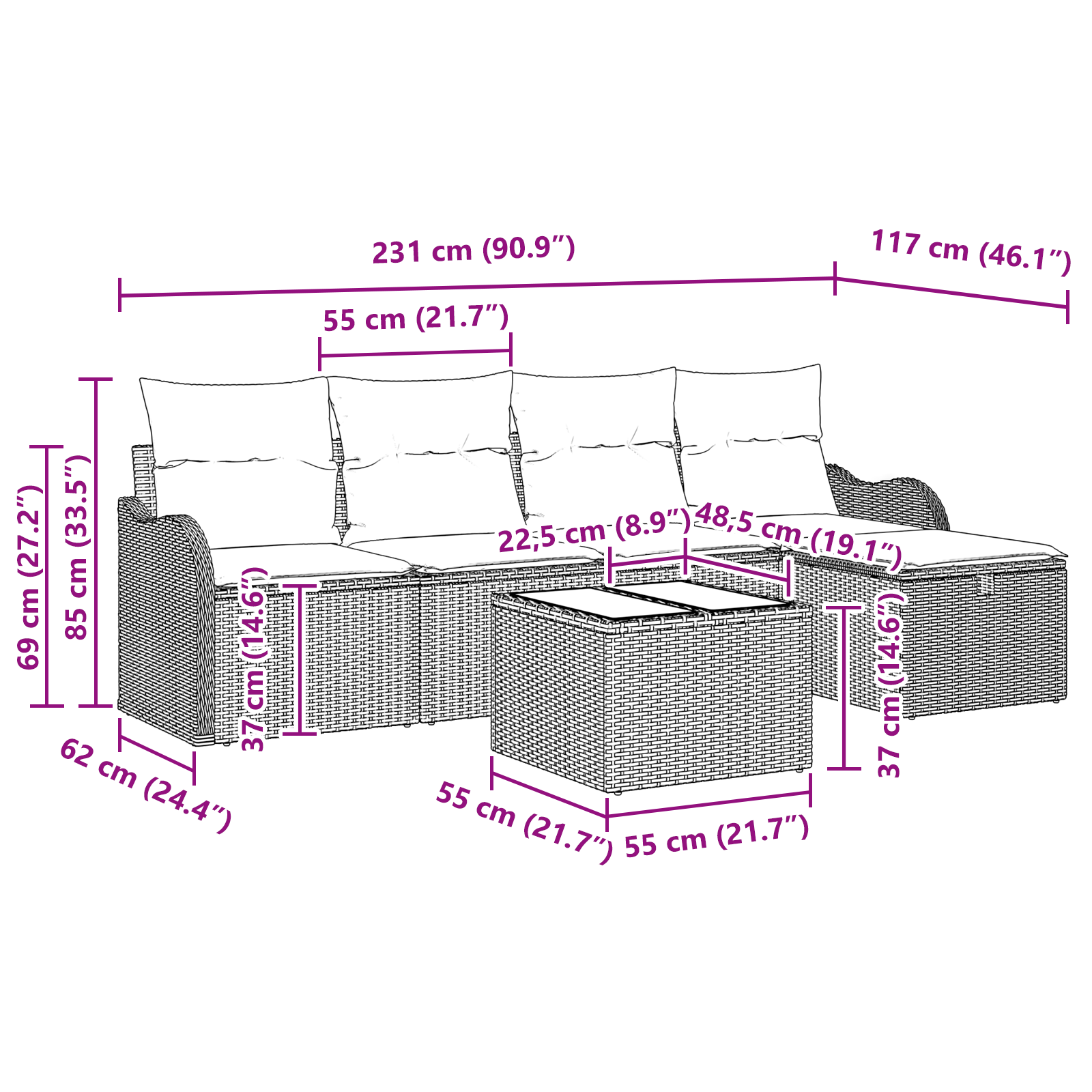 6-teiliges Garten Sofa Set mit Kissen in hellgrauem Poly Rattan – Bild 10