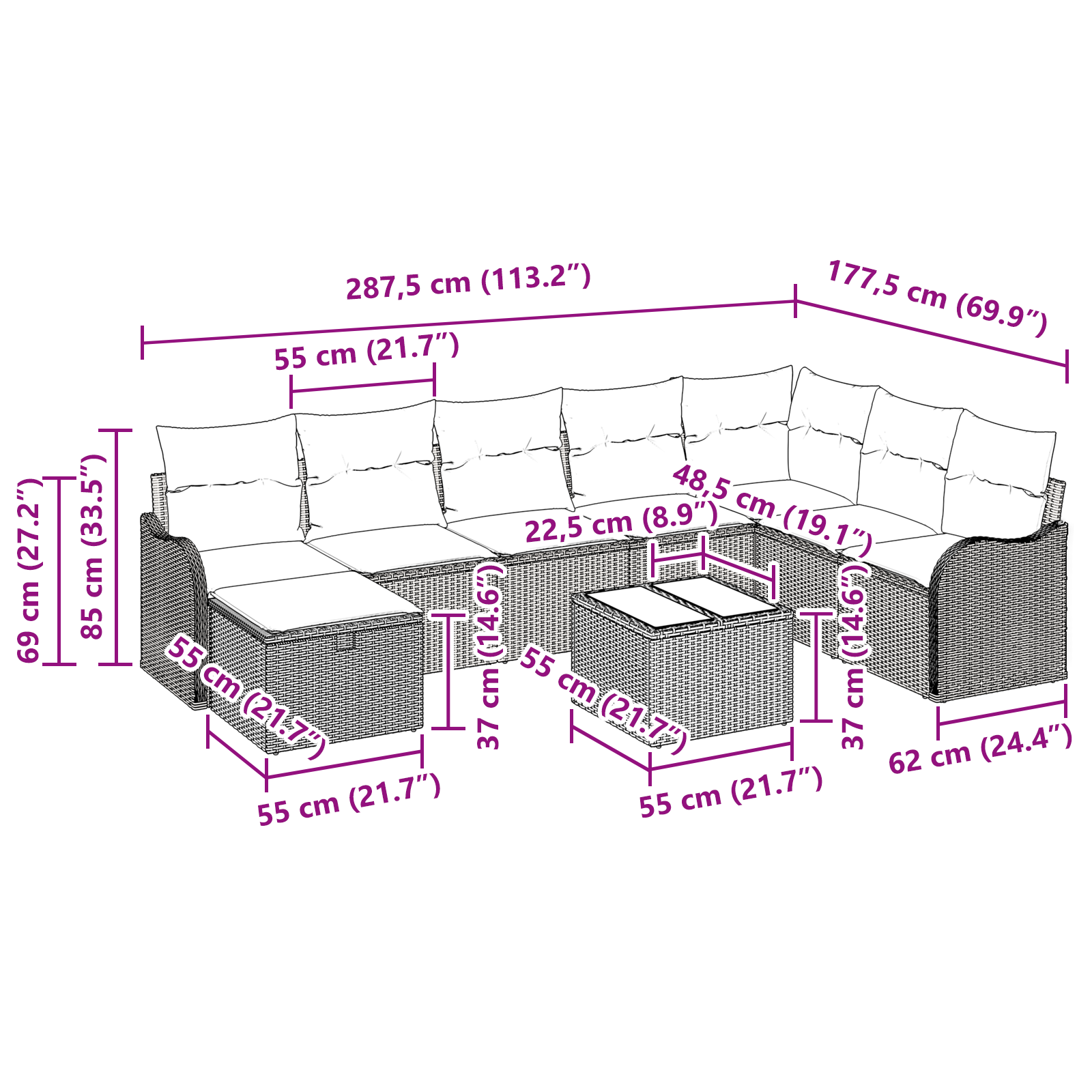 9 dalių sodo sofa rinkinys su pagalvėlėmis šviesiai pilka poli ratanas - Image 11