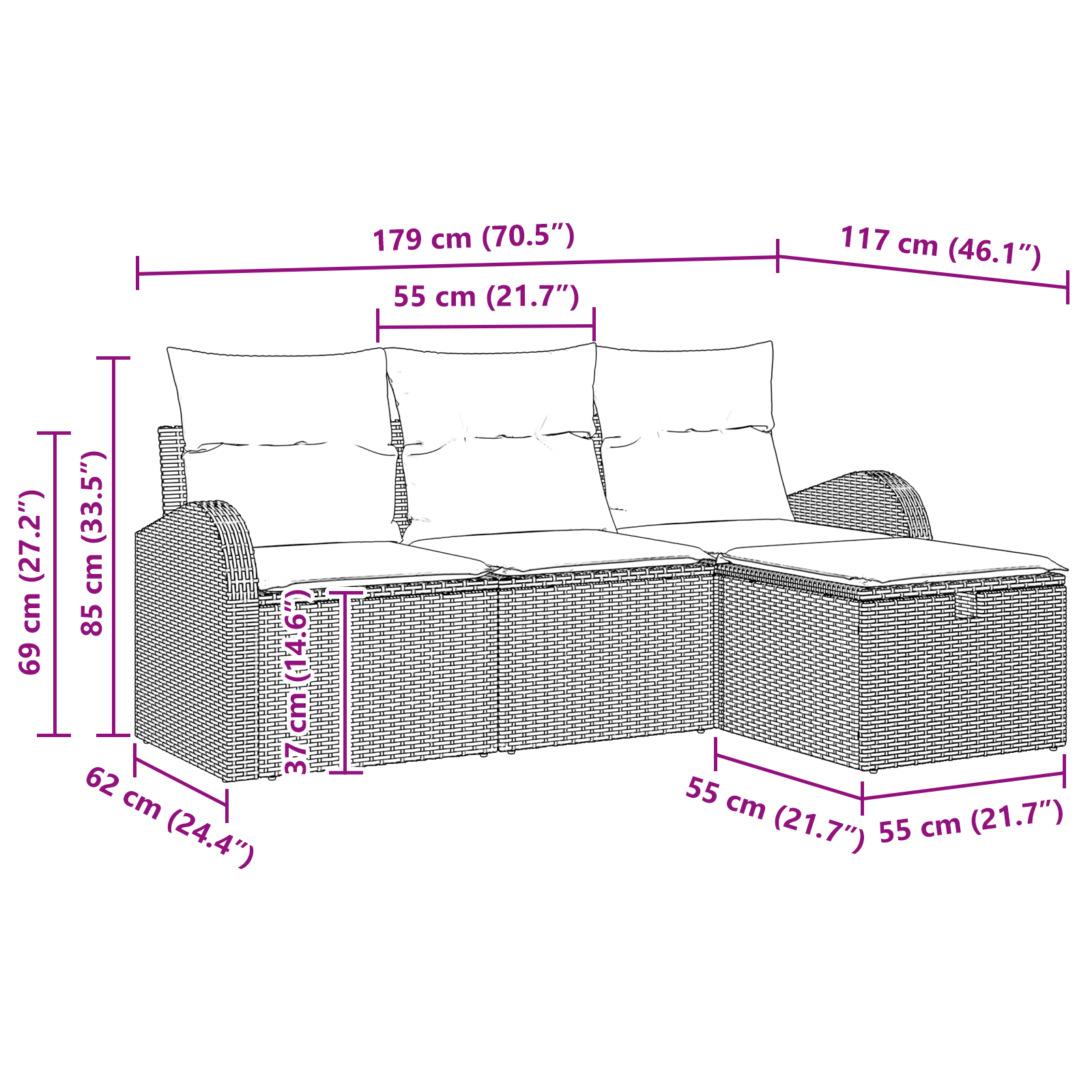 4 dalių sodo sofa su pagalvėlėmis Ruda Poli ratanas - Image 9