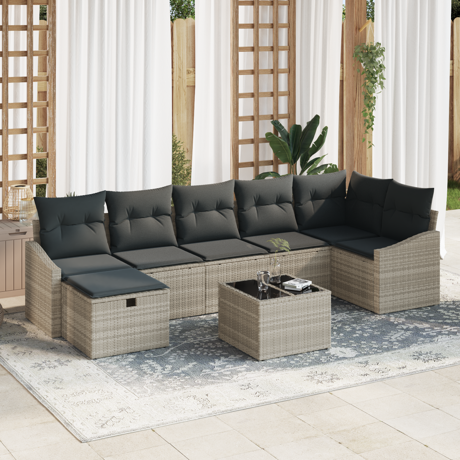 8-teiliges Garten Sofa Set mit Kissen in Hellgrau Poly Rattan