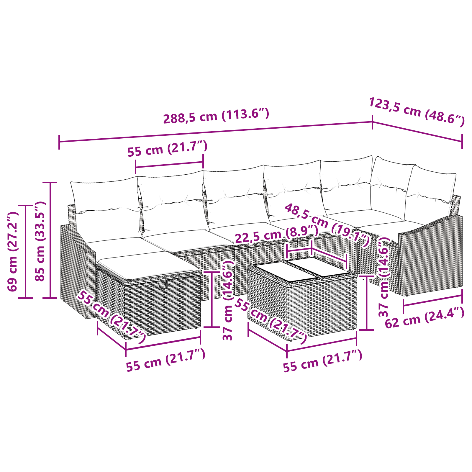 8-teiliges Garten Sofa Set mit Kissen in Hellgrau Poly Rattan – Bild 11