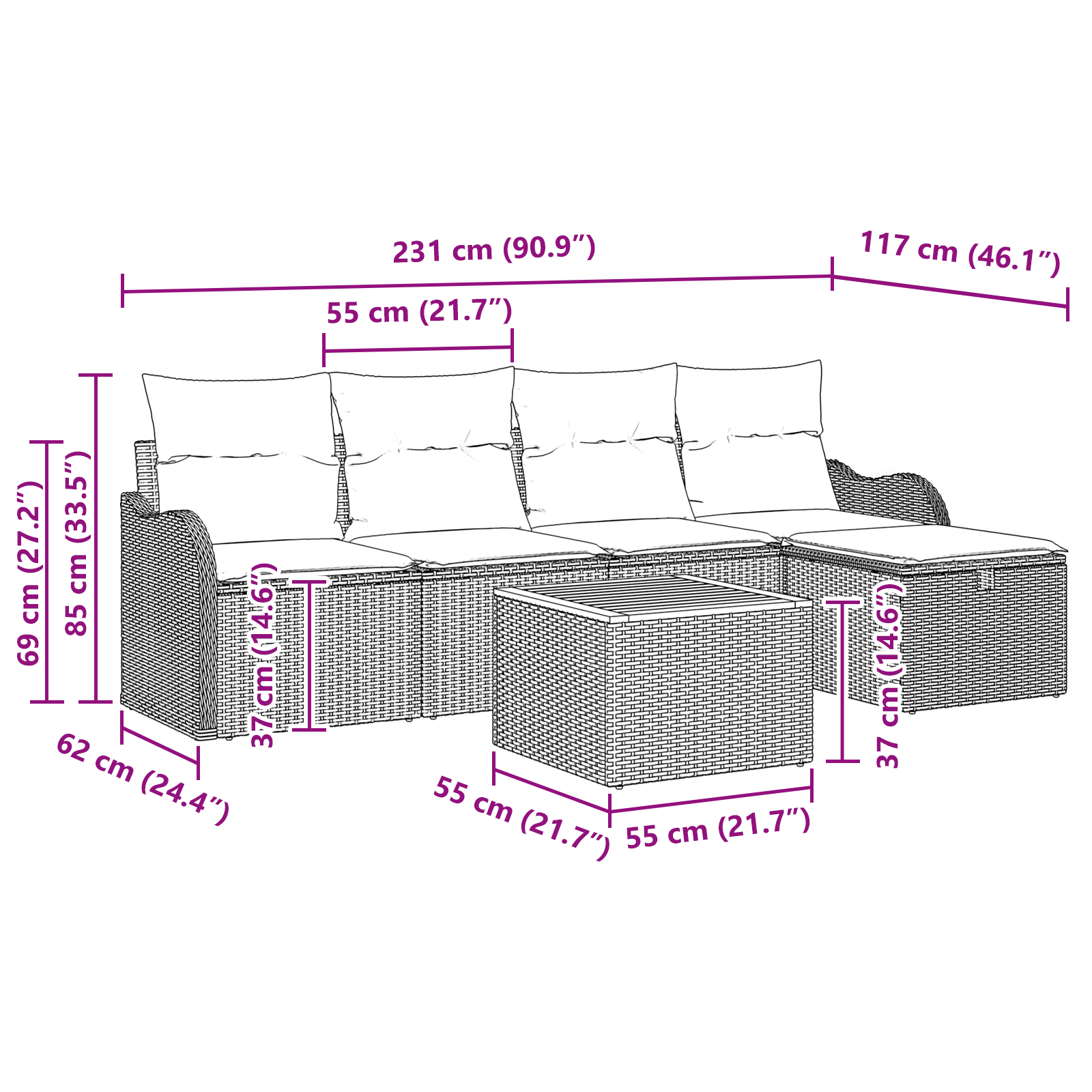 Комплект с 6 части градински диван с възглавници черен полипропилен, Диван с 2 места градински диван с възглавници черен полипропилен - Image 10