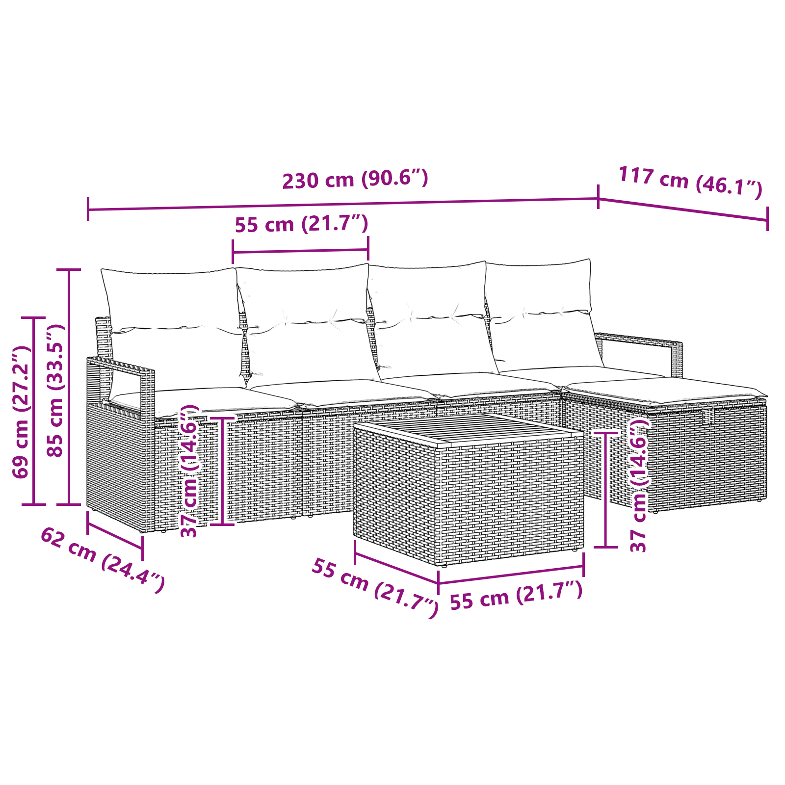 Комплект градински диван vidaXL с 6 части с възглавници Черен Плетен поли ратан - Image 10