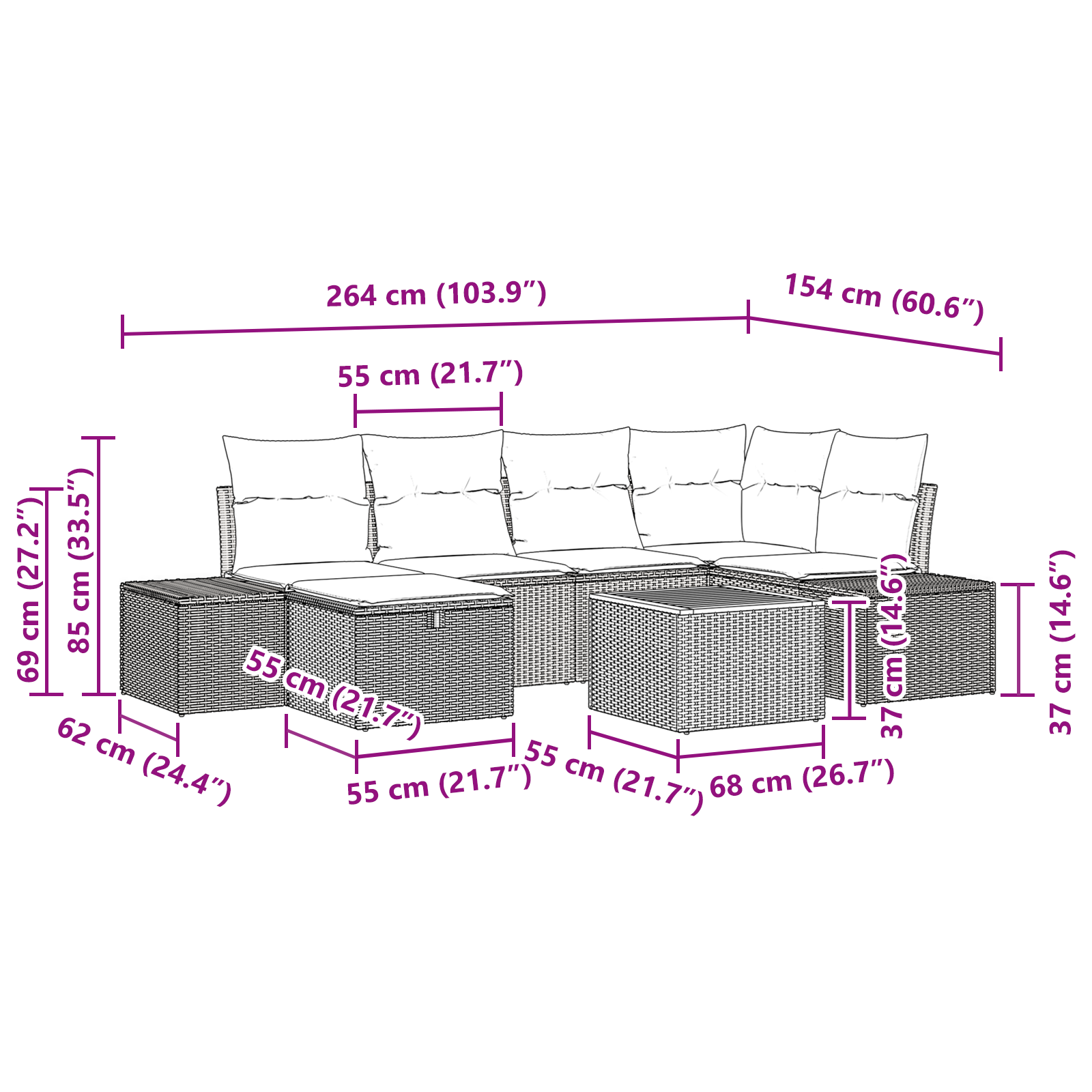7 части градински диван комплект с възглавници черен полирано ратан - Image 11