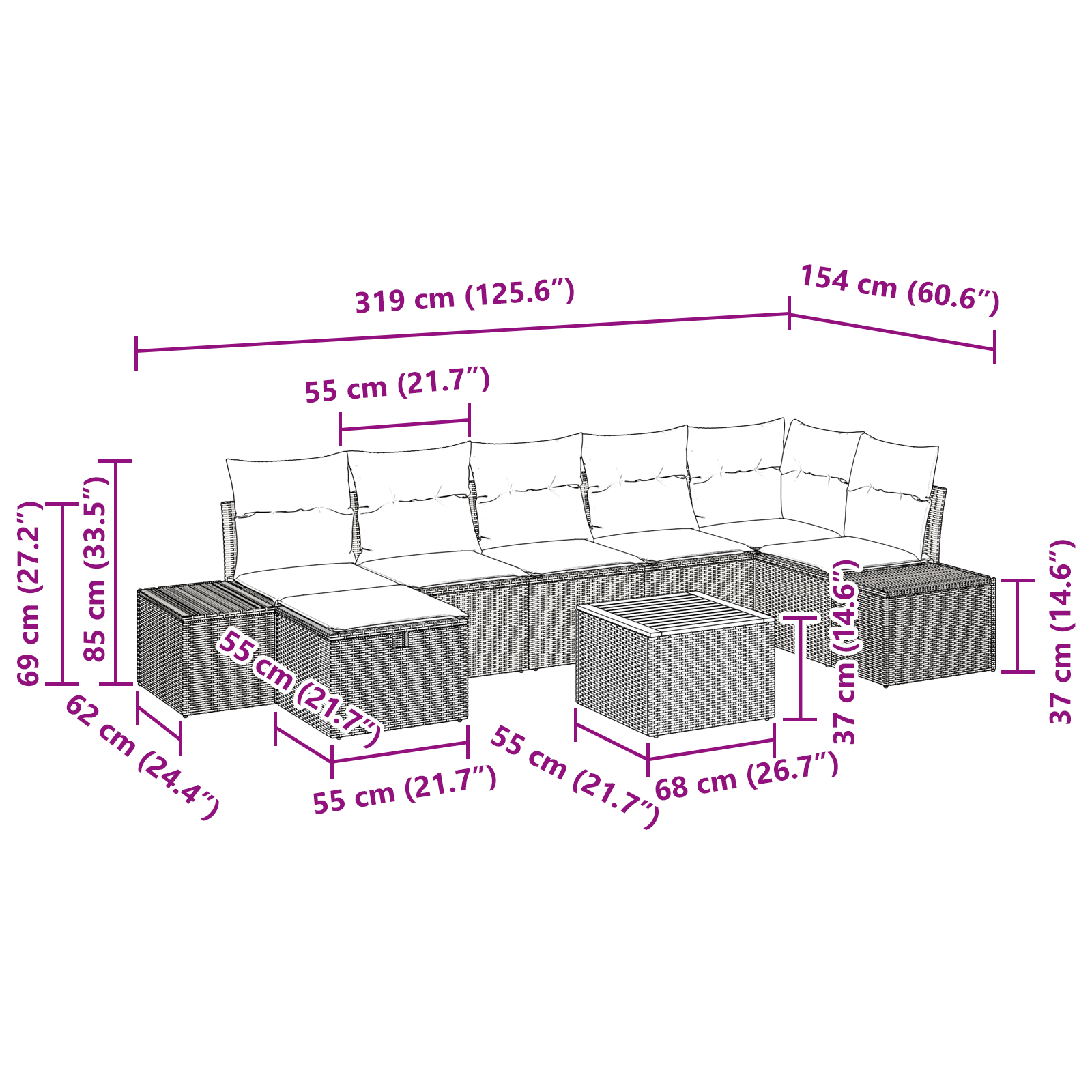 8 Piece Garden Sofa Set with Cushions Black Poly Rattan vidaXL - Picture 25 of 26