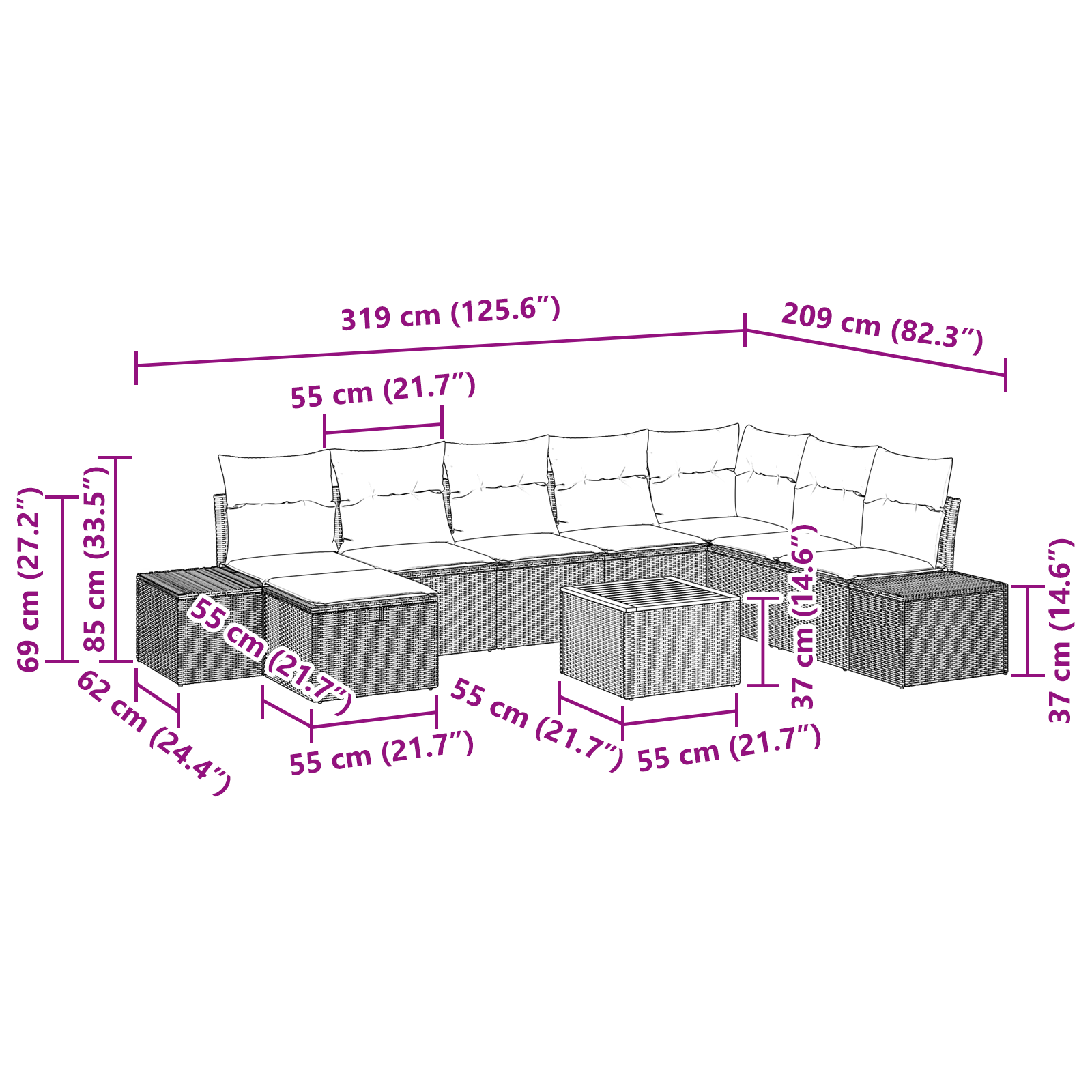 комплект градински диван с възглавници Черен полиратан - Image 11