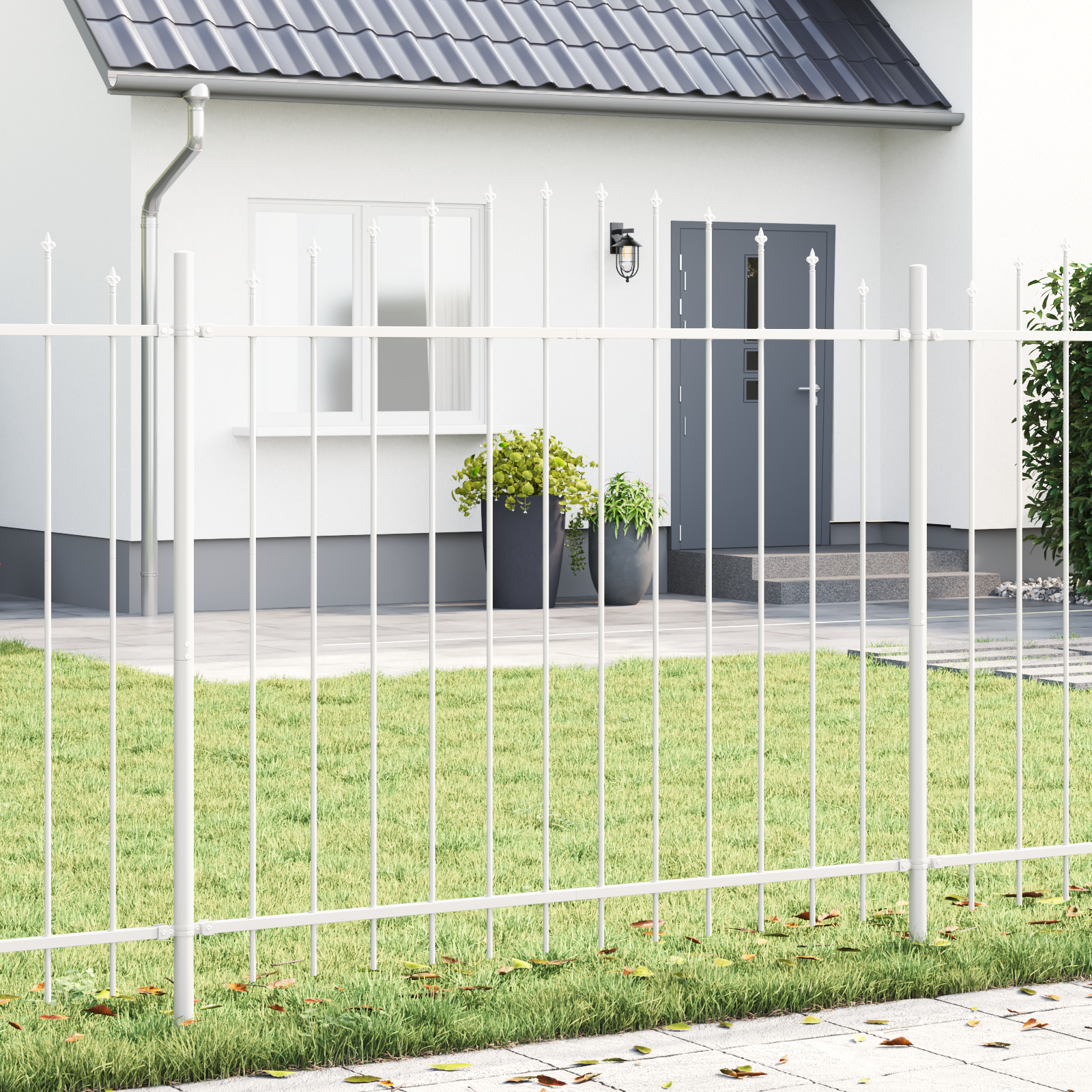 Fence Panel with Spike Arch Set of 2 White Powder-Coated Steel