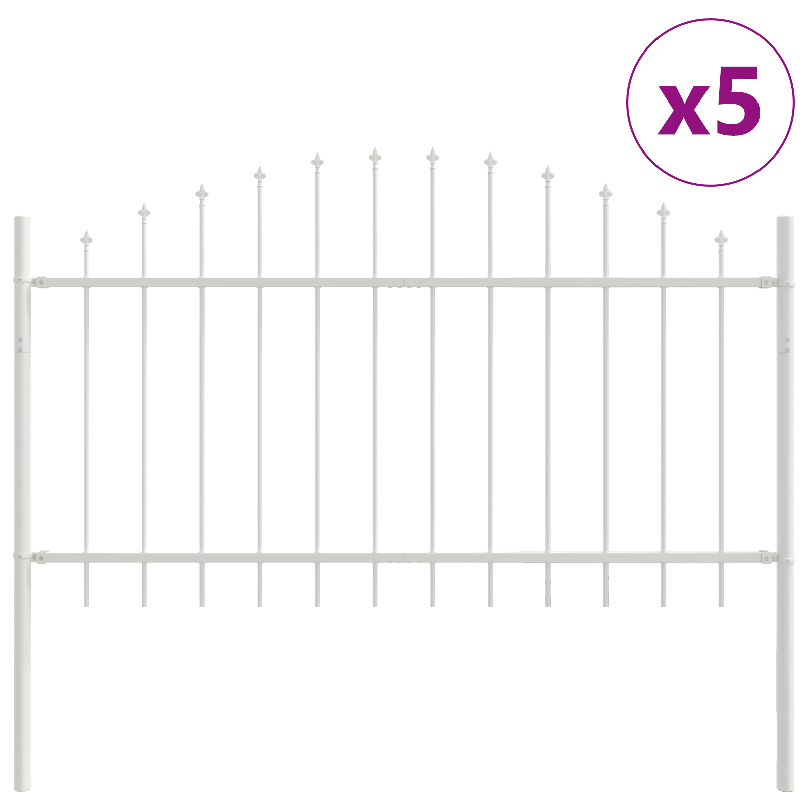Fence Panel with Spike Arch Set of 5 White Powder-Coated Steel - Image 2