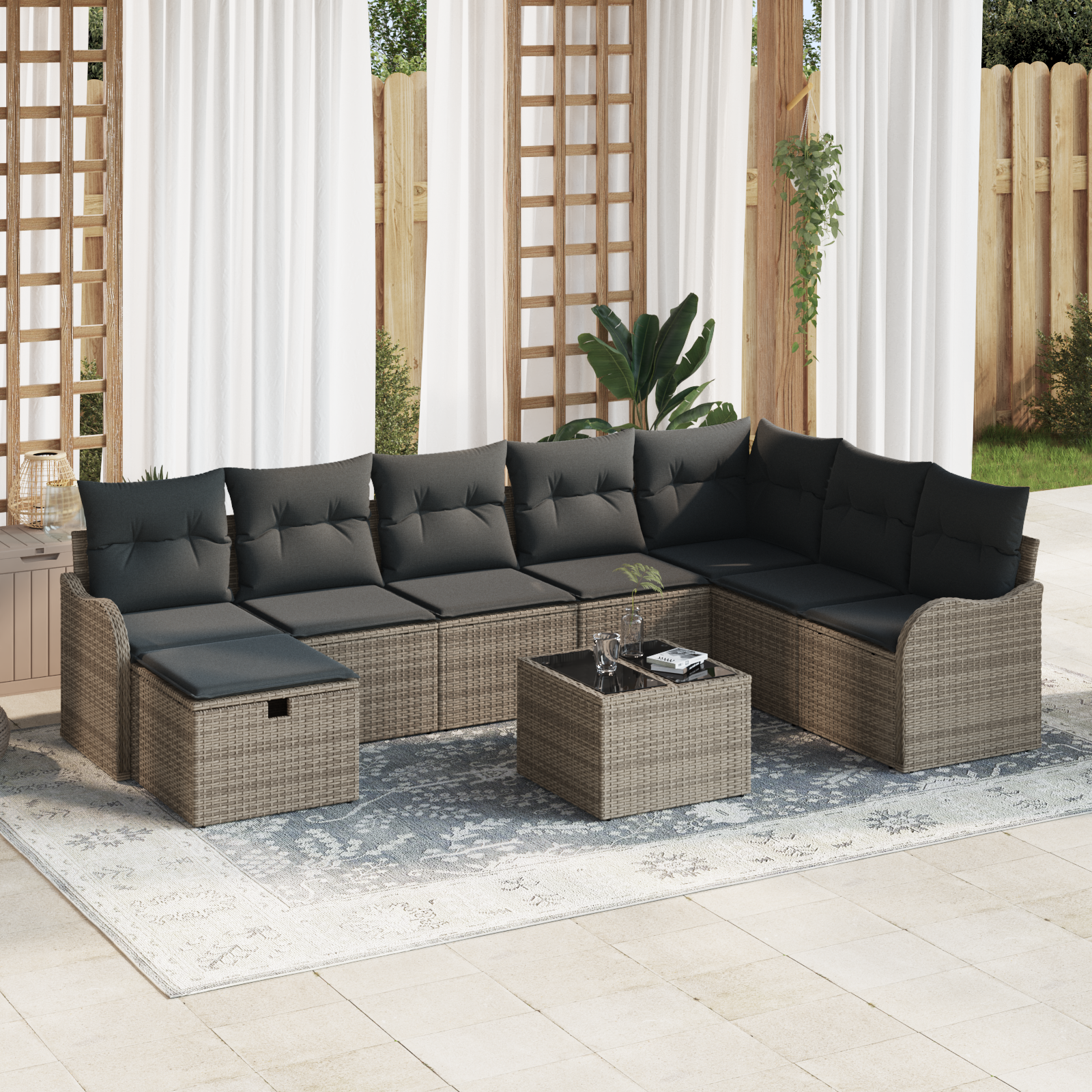Set Divano da Giardino da 9 Pezzi con Cuscini in Polyrattan Grigio