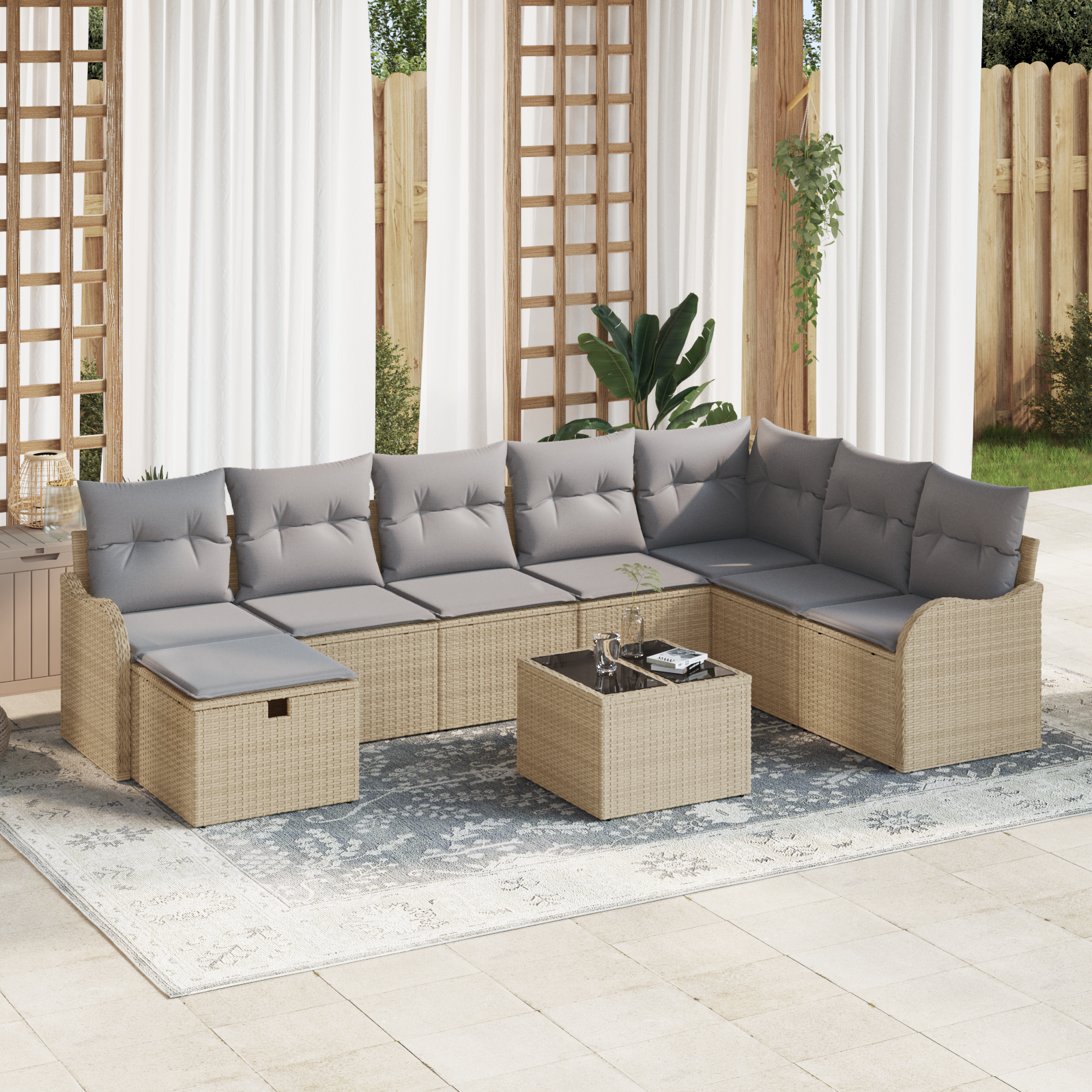 Set Divano da Giardino da 9 Pezzi con Cuscini Beige Rattan