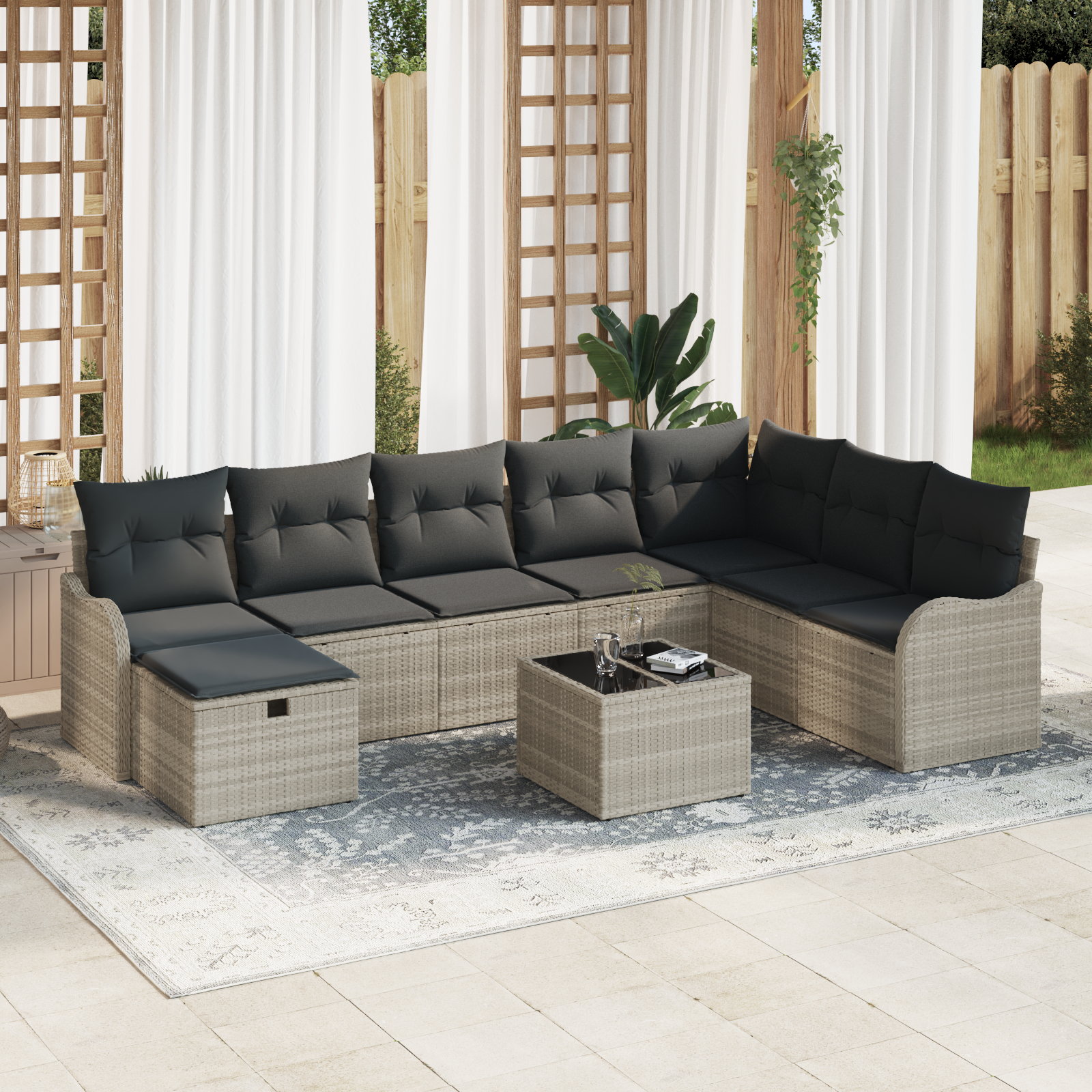 Thumbnail - vidaXL 9-teilige Garten Sofagarnitur mit Kissen in Hellgrau aus Poly Rattan