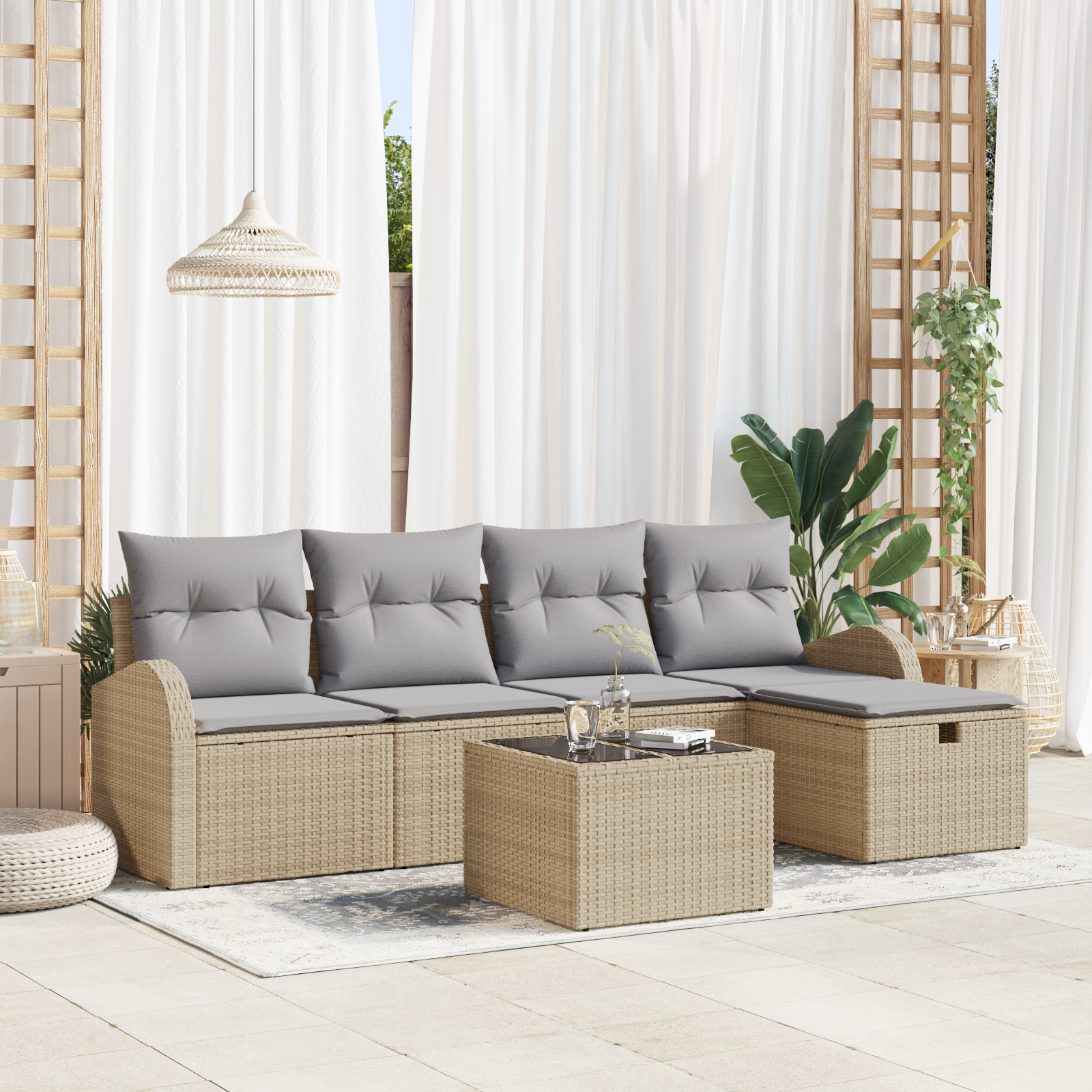Garten Sofa Set Set von 5 Beige, Hellgrau Rattan, Polyester