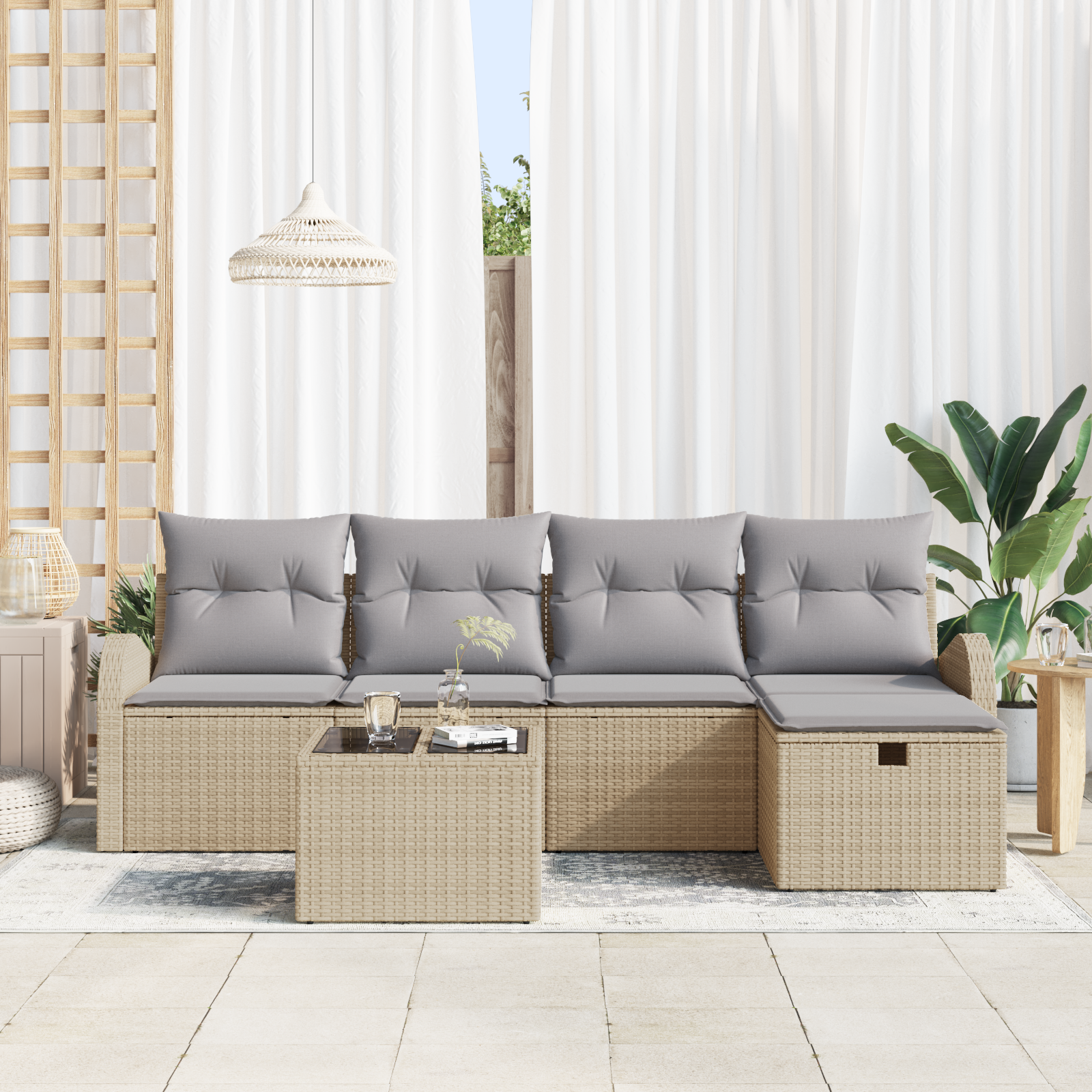 Garten Sofa Set Set von 5 Beige, Hellgrau Rattan, Polyester – Bild 3