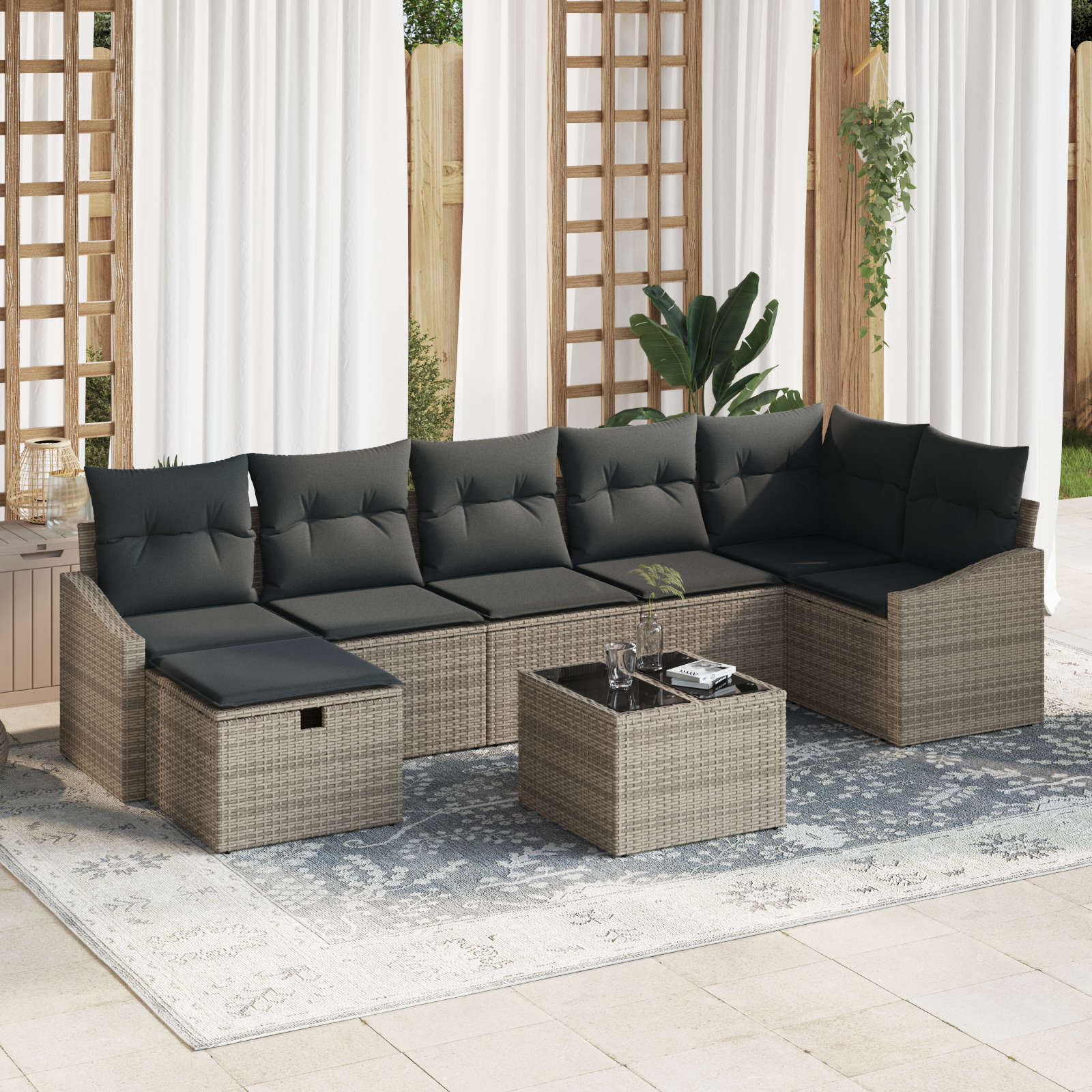 Set Divano da Giardino di 8 Pezzi con Cuscini Rattan Poliestere Grigio
