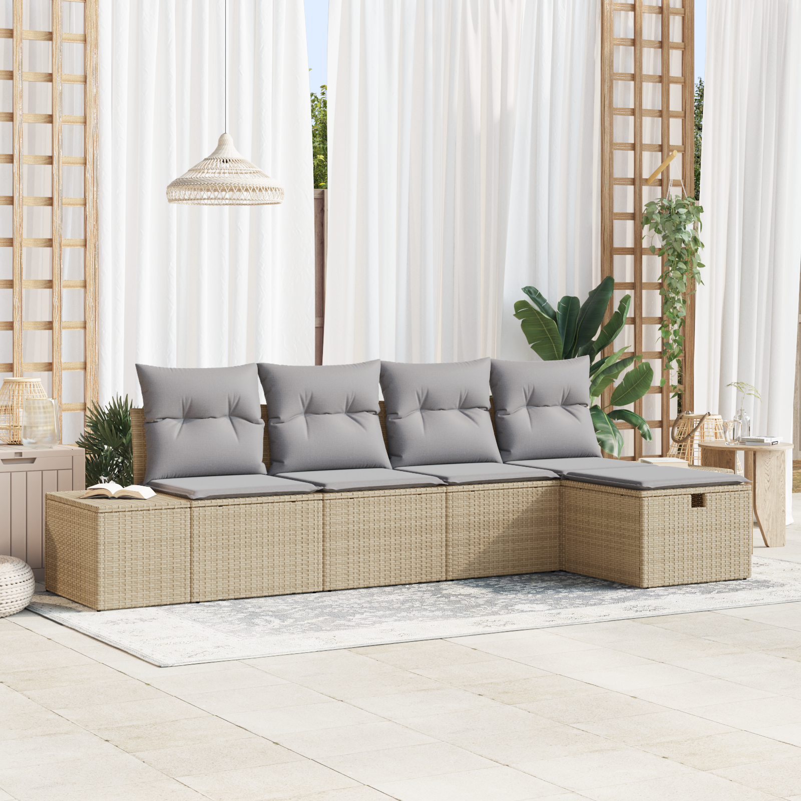 5 Dalių Sodo Sofa Komplektas su Pagalvėlėmis Smėlio Poli Ratanas