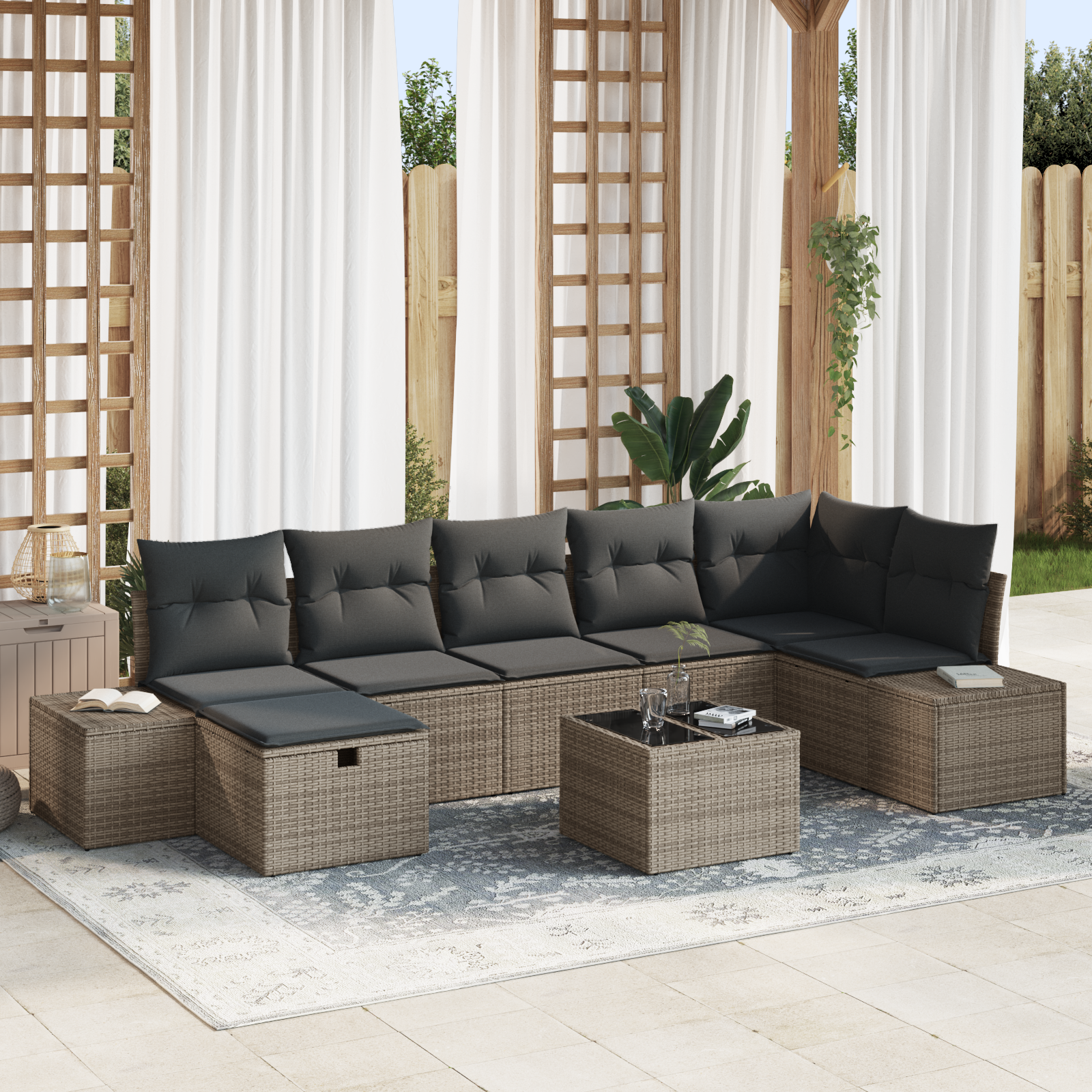 Set Divano Giardino 8 pezzi con Cuscini Grigio Rattan Sintetico