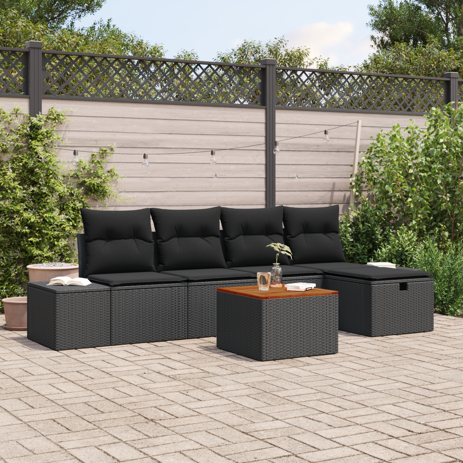 Градински диван комплект 6 части Черен