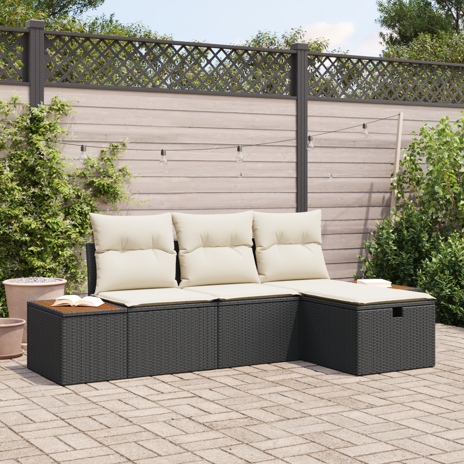 Conjunto de Sofá de Jardim com Almofadas Preto Vime PE, Sofá de Jardim para com Armazenamento e Almofadas Preto Vime PE Conjunto de Sofá de Jardim com Almofadas Preto Vime PE, Sofá de Jardim para com Armazenamento e Almofadas Preto Vime PE
