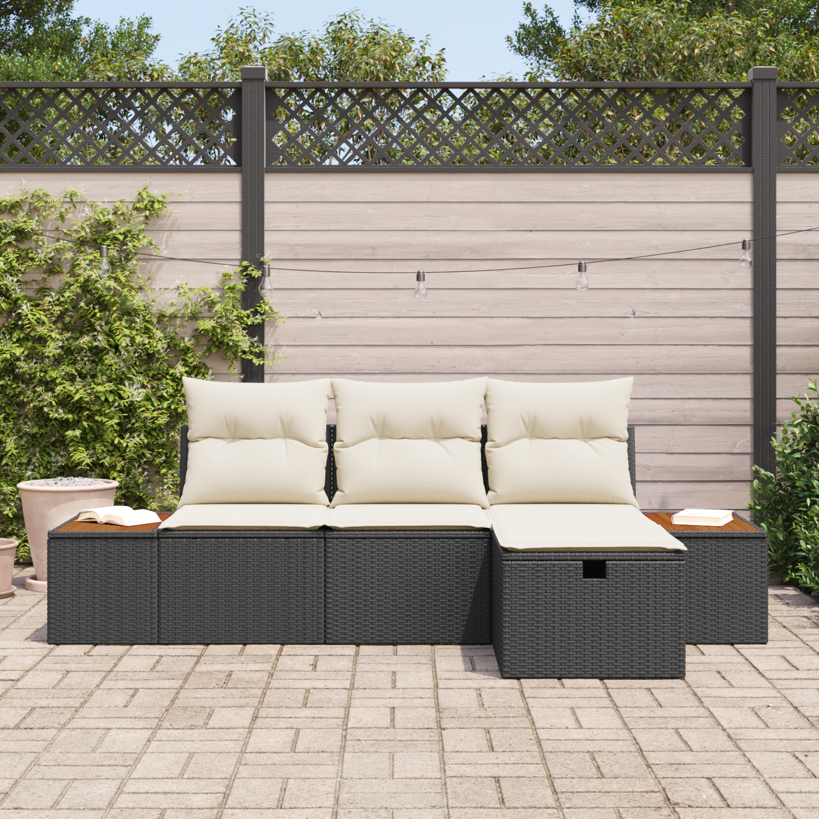 Conjunto de Sofá de Jardim com Almofadas Preto Vime PE, Sofá de Jardim para com Armazenamento e Almofadas Preto Vime PE