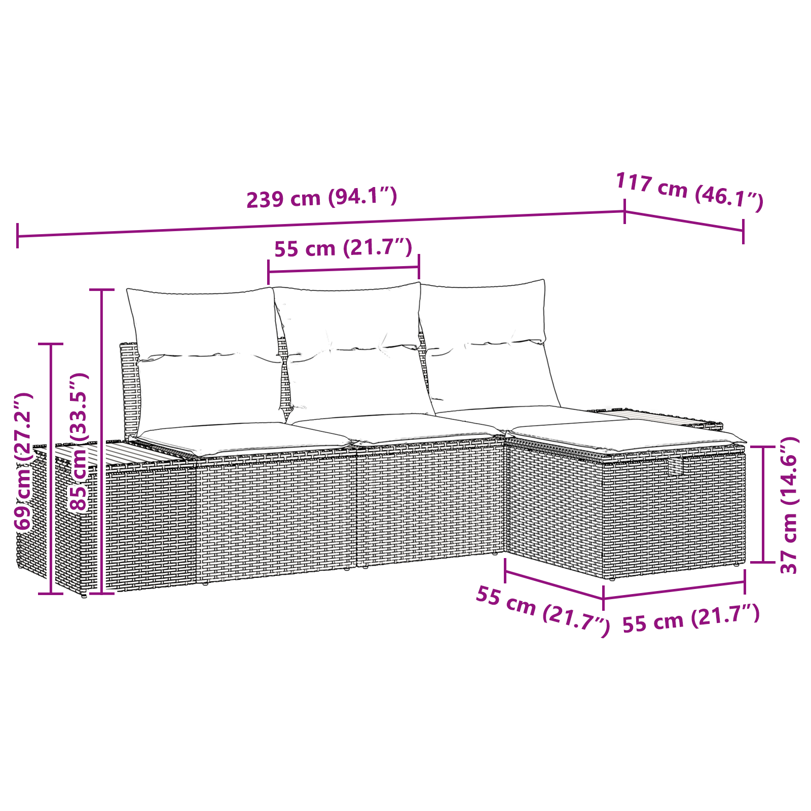 Conjunto de Sofá de Jardim com Almofadas Preto Vime PE, Sofá de Jardim para com Armazenamento e Almofadas Preto Vime PE