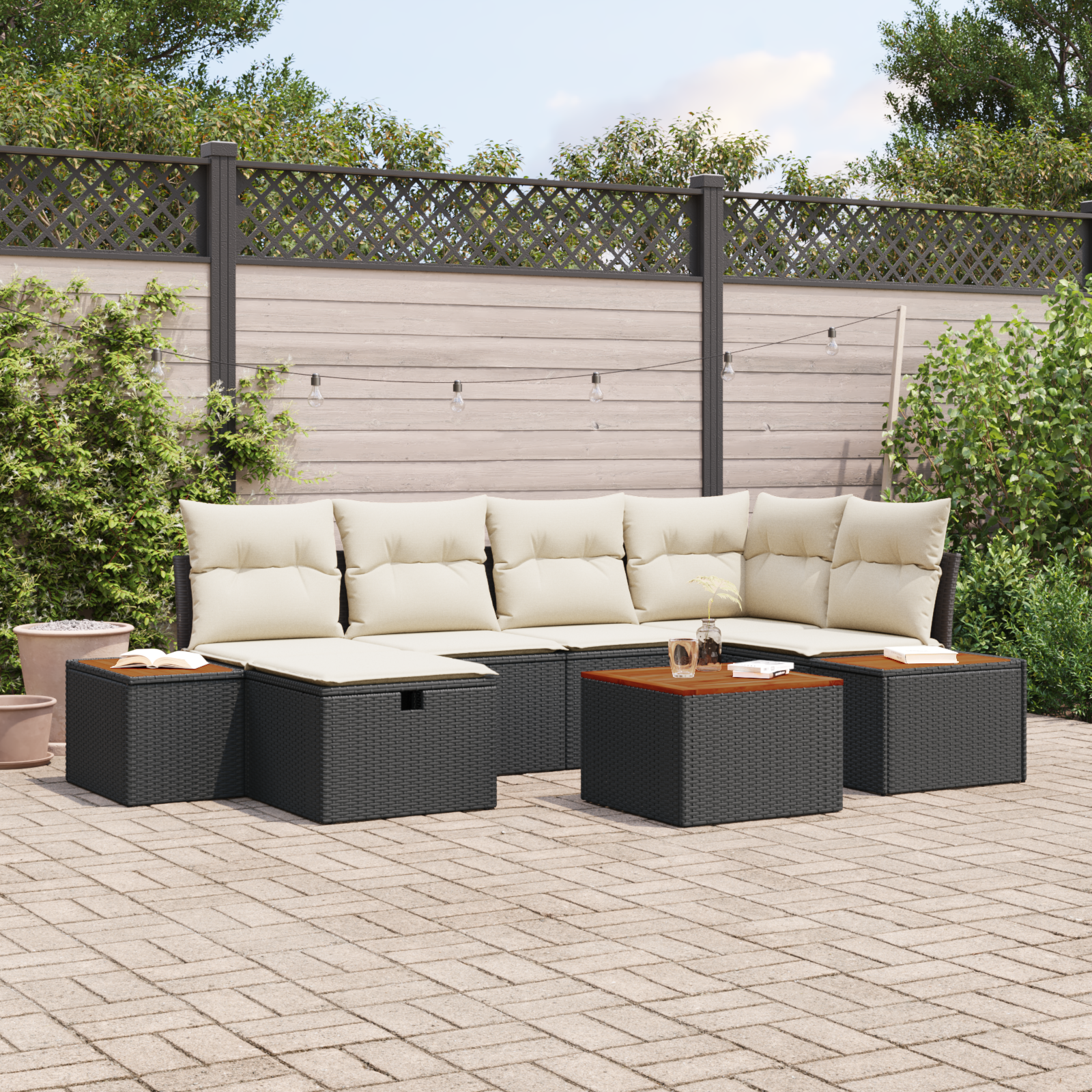 Conjunto de Sofá de Jardim de 7 Peças com Almofadas em Polirattan Preto Conjunto de Sofá de Jardim de 7 Peças com Almofadas em Polirattan Preto