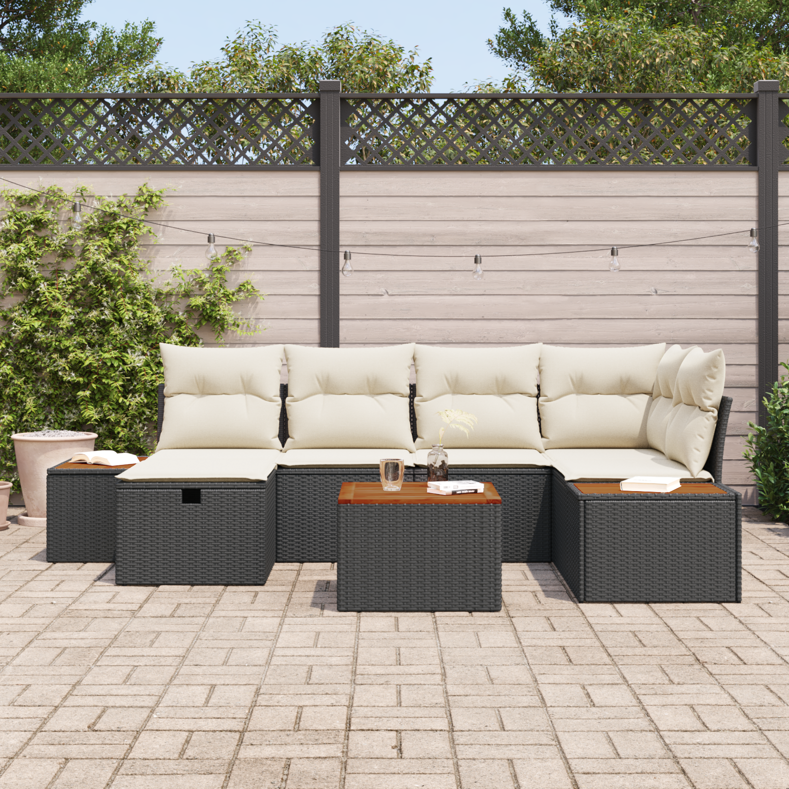 Conjunto de Sofá de Jardim de 7 Peças com Almofadas em Polirattan Preto