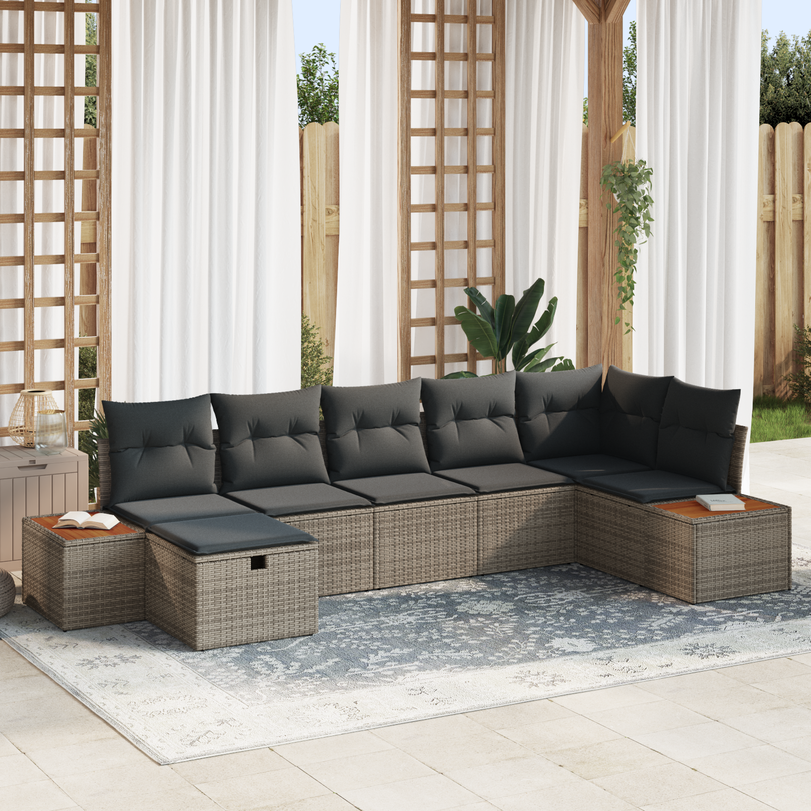 Set di divano da giardino 7 pezzi con cuscini Grigio Polyrattan
