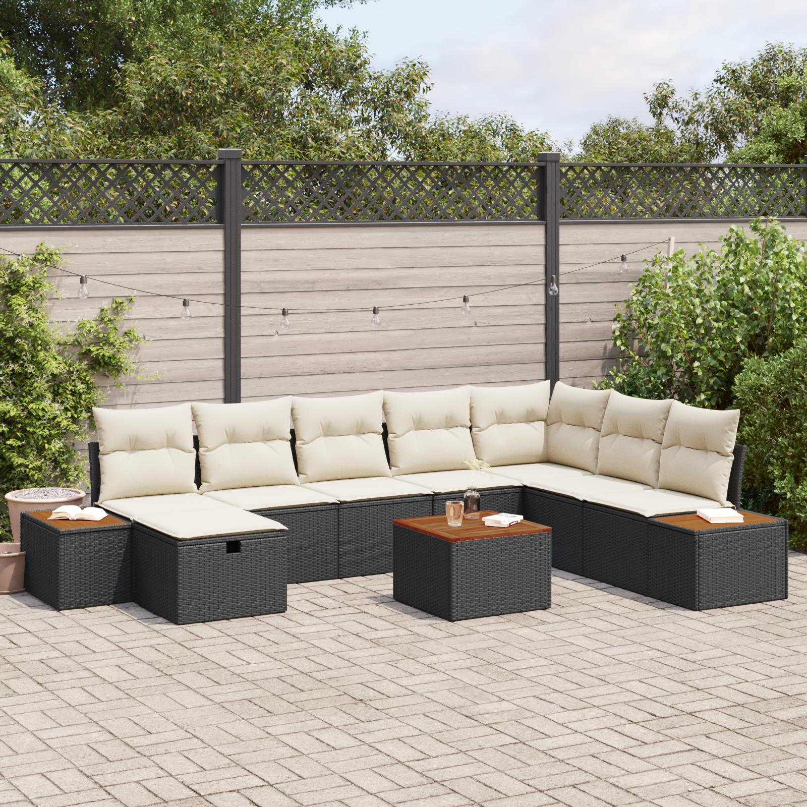 Conjunto de Sofá de Jardim de 9 Peças com Almofadas em Polyratan Preto, Sofá de Jardim de com Armazenamento & Almofadas em Polyratan Preto Conjunto de Sofá de Jardim de 9 Peças com Almofadas em Polyratan Preto, Sofá de Jardim de com Armazenamento & Almofadas em Polyratan Preto