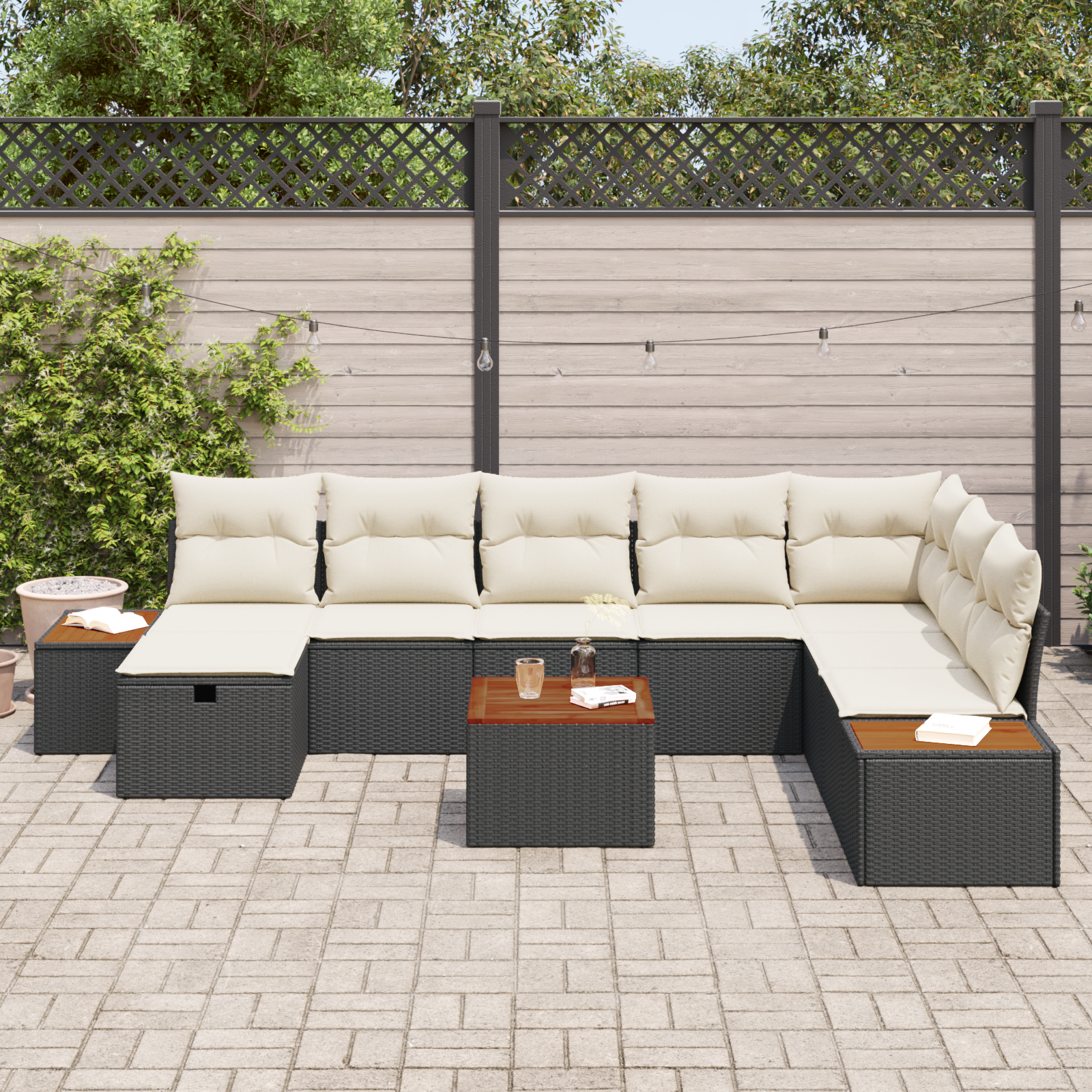 Conjunto de Sofá de Jardim de 9 Peças com Almofadas em Polyratan Preto, Sofá de Jardim de com Armazenamento & Almofadas em Polyratan Preto