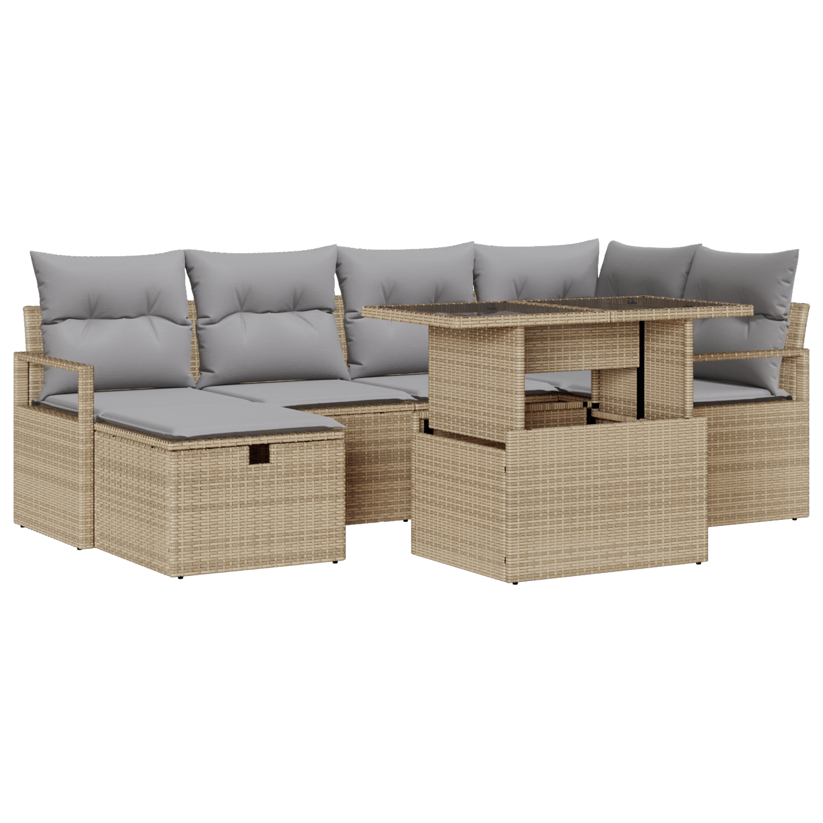 7 Piece Garden Sofa Set with Cushions Beige Poly Rattan, vidaXL 2-Seater Garden Sofa with Storage & Cushions Beige Poly Rattan - Image 2