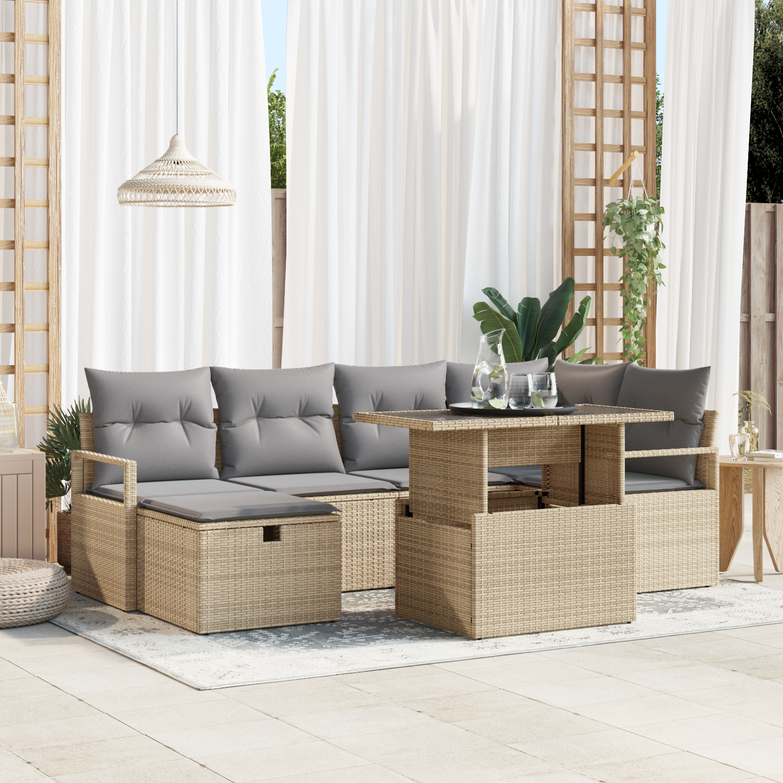 7 Piece Garden Sofa Set with Cushions Beige Poly Rattan, vidaXL 2-Seater Garden Sofa with Storage & Cushions Beige Poly Rattan