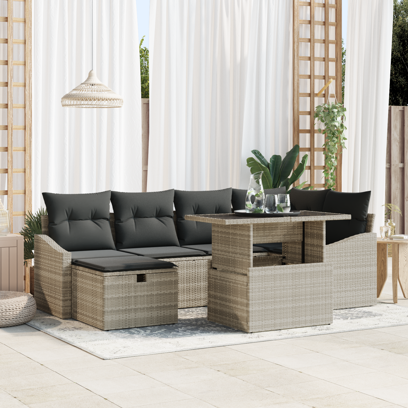 7-teiliges Garten Sofa Set mit Kissen in Hellgrau Poly-Rattan