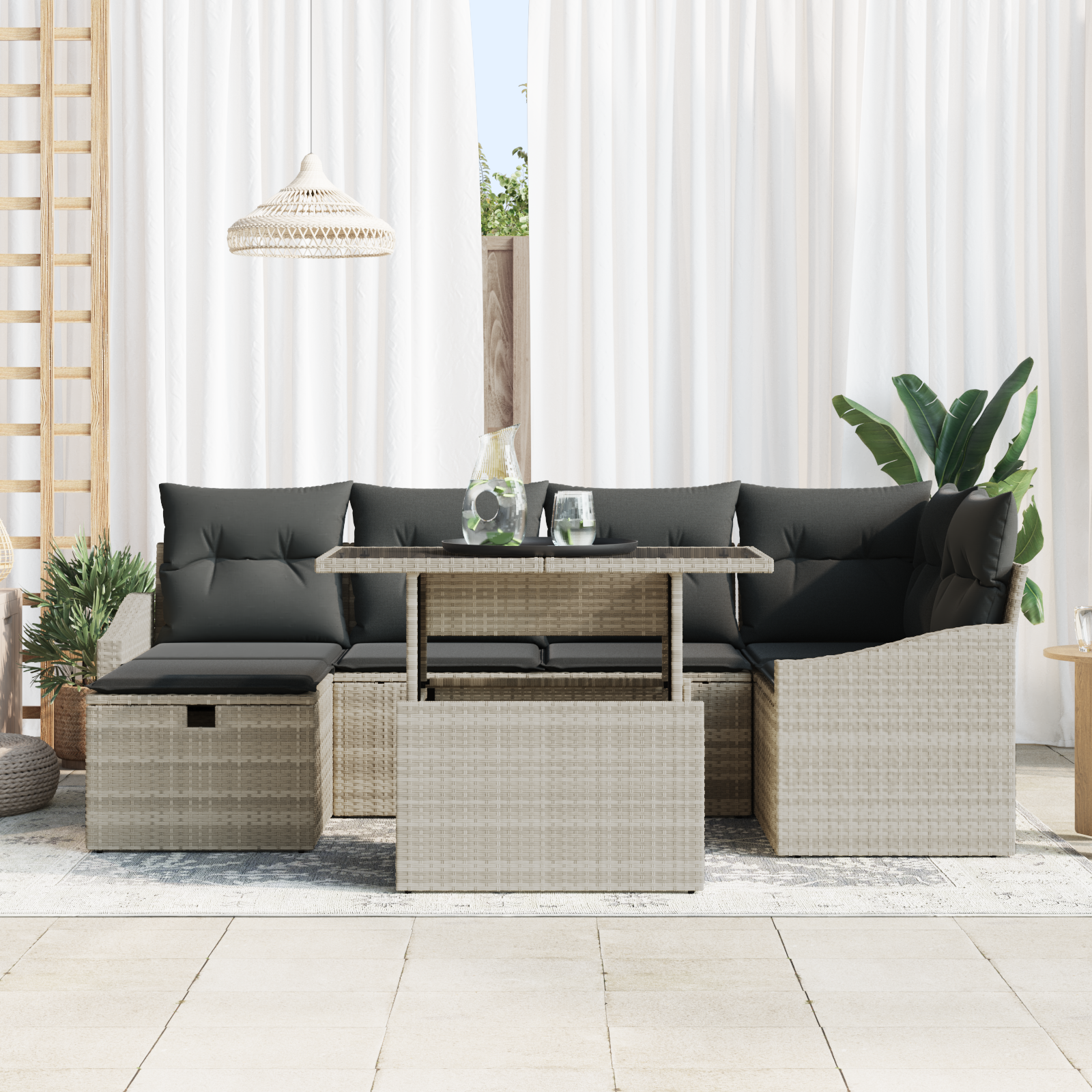 7-teiliges Garten Sofa Set mit Kissen in Hellgrau Poly-Rattan – Bild 3