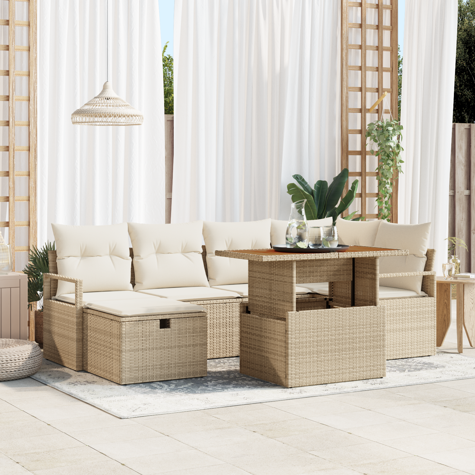 7-teiliges Garten-Sofa-Set mit Kissen in beigem Poly-Rattan