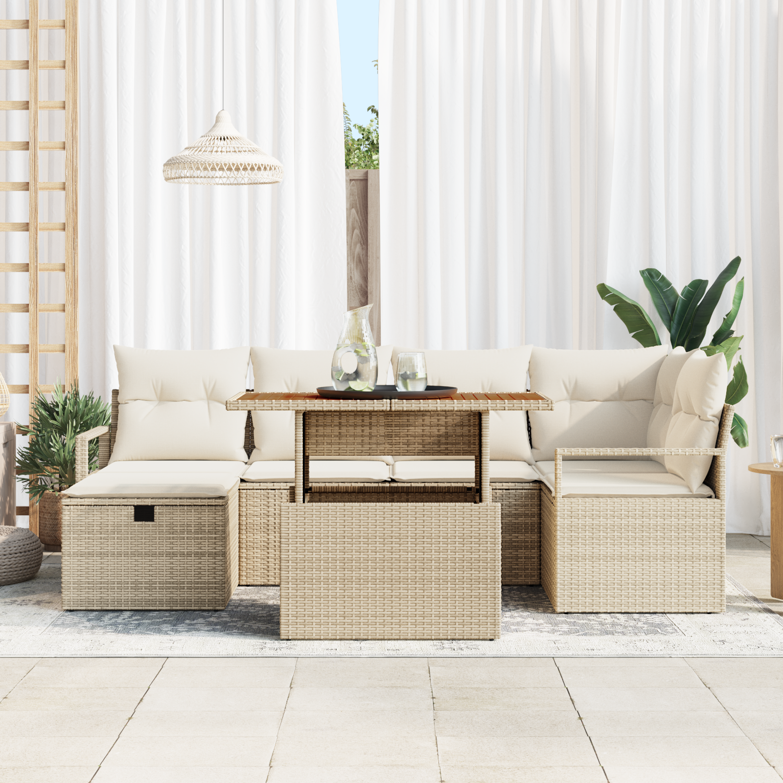 7-teiliges Garten-Sofa-Set mit Kissen in beigem Poly-Rattan – Bild 3