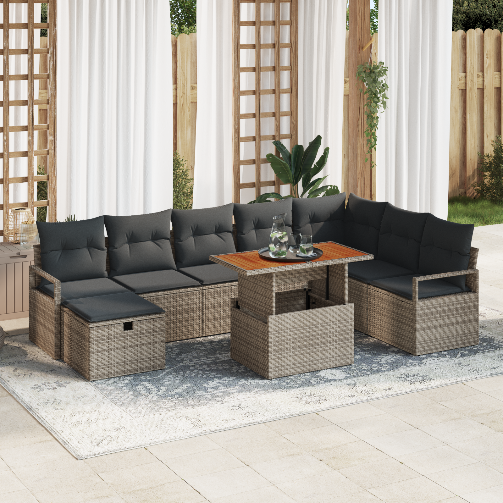 Set di Divani da Giardino con Cuscini Grigi in Rattan Polivinilico