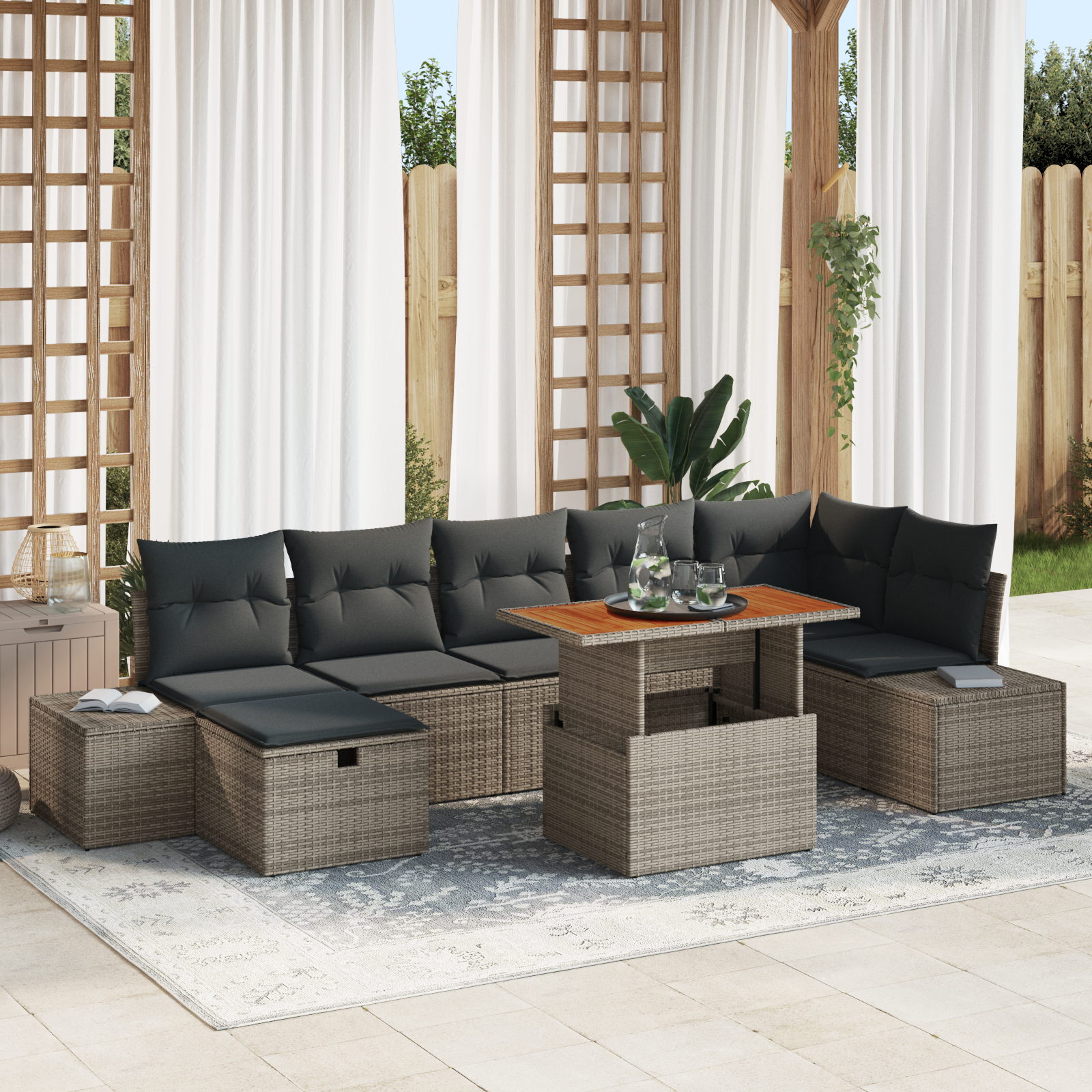 Set Da Pranzo Per Giardino 8 Pezzi Con Cuscini Grigio Rattan Poliestere