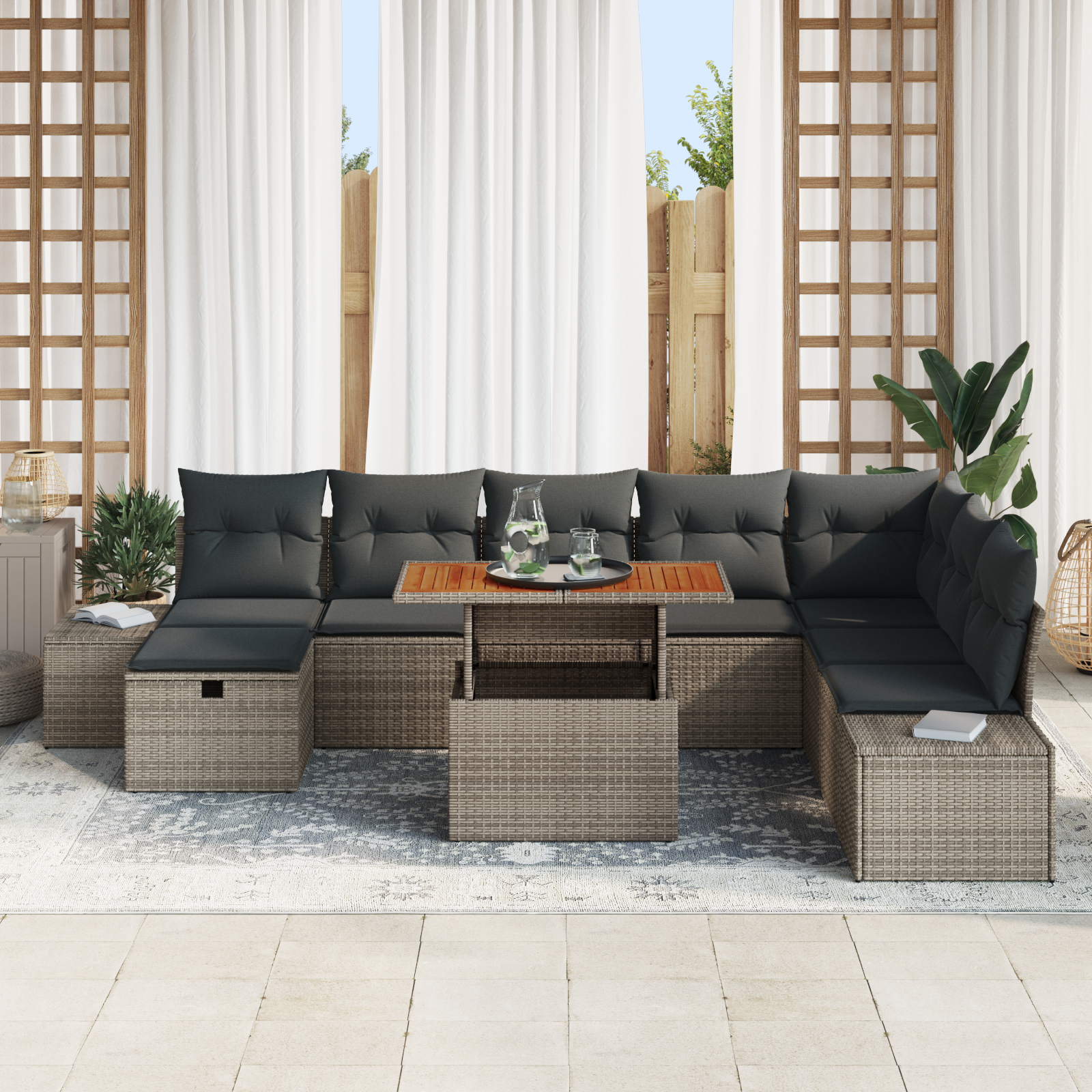 9 части градински комплект с възглавници Сив Poly Rattan Acacia - Image 3