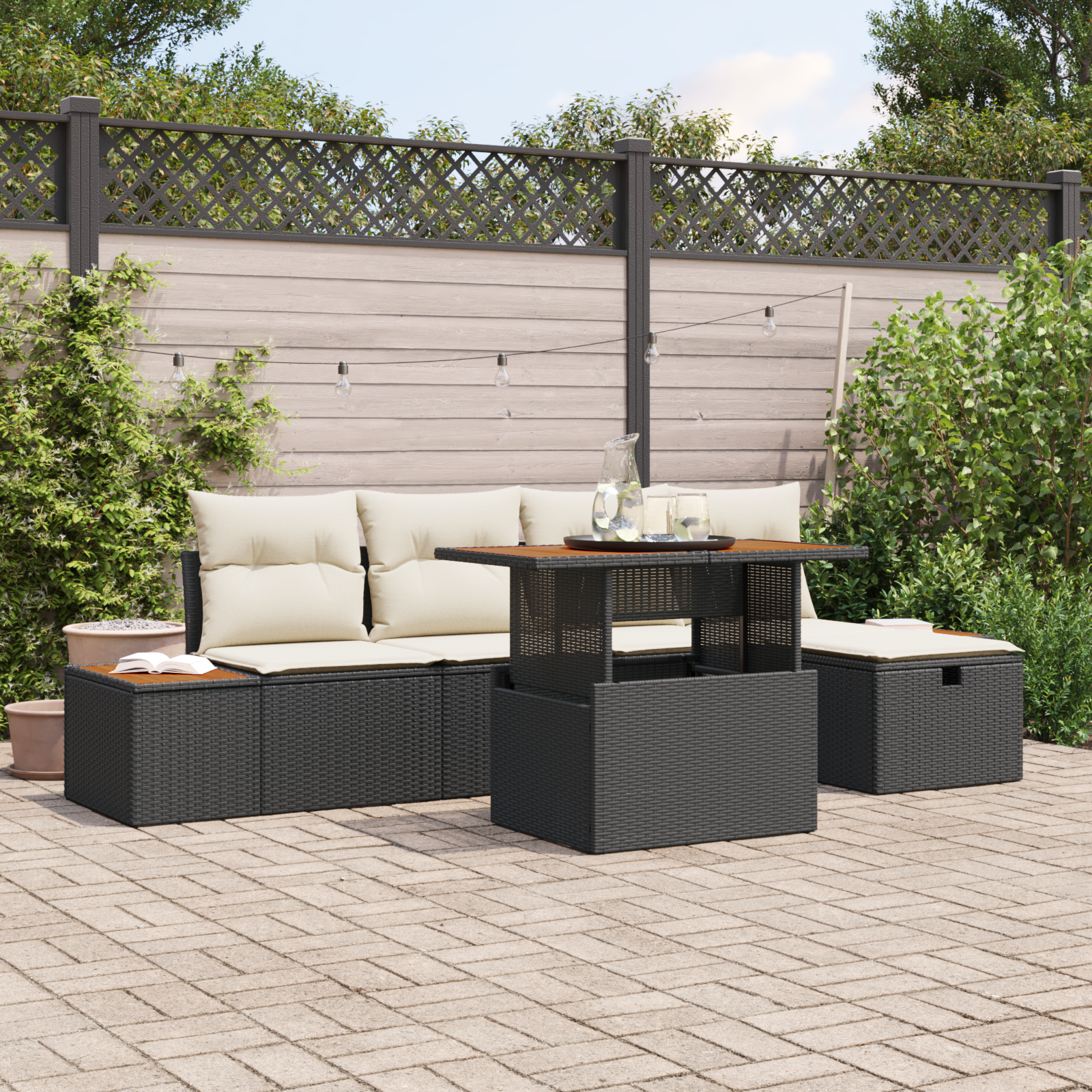 Conjunto de Sofás para Jardim com 6 Peças e Almofadas Preto Rattan PE Acácia, Sofá de Jardim com Armazenamento e Almofadas Preto Rattan PE Conjunto de Sofás para Jardim com 6 Peças e Almofadas Preto Rattan PE Acácia, Sofá de Jardim com Armazenamento e Almofadas Preto Rattan PE