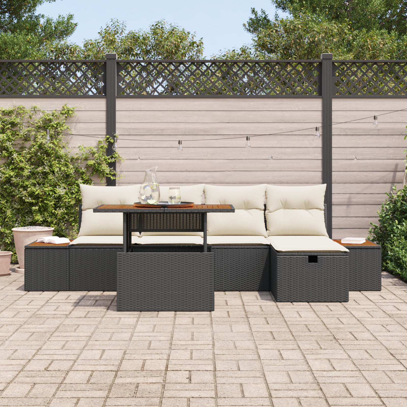 Conjunto de Sofás para Jardim com 6 Peças e Almofadas Preto Rattan PE Acácia, Sofá de Jardim com Armazenamento e Almofadas Preto Rattan PE