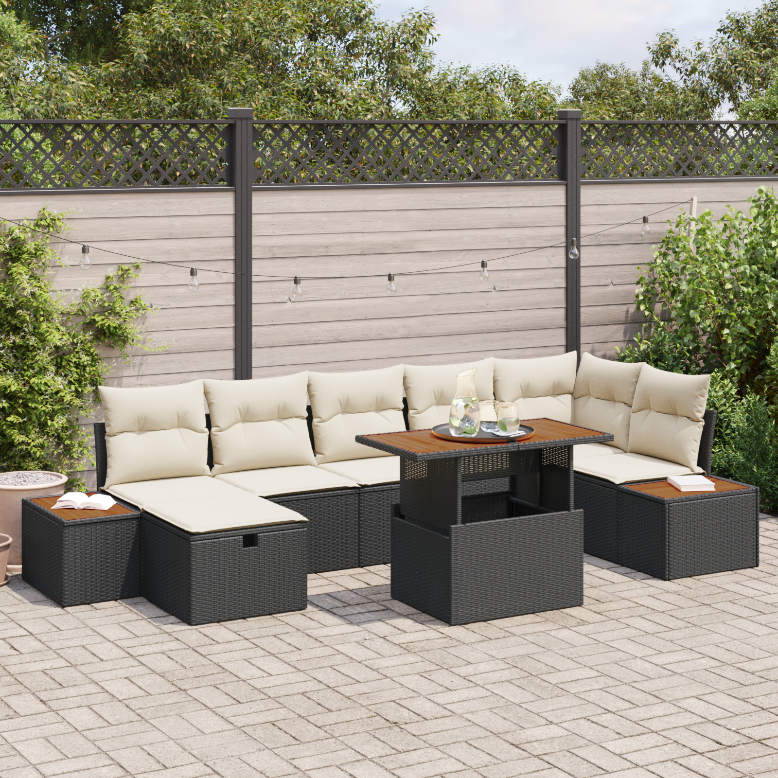 Conjunto de Sofás de Jardim de 8 Peças com Almofadas - Rattan PE Preto & Acácia Conjunto de Sofás de Jardim de 8 Peças com Almofadas - Rattan PE Preto & Acácia
