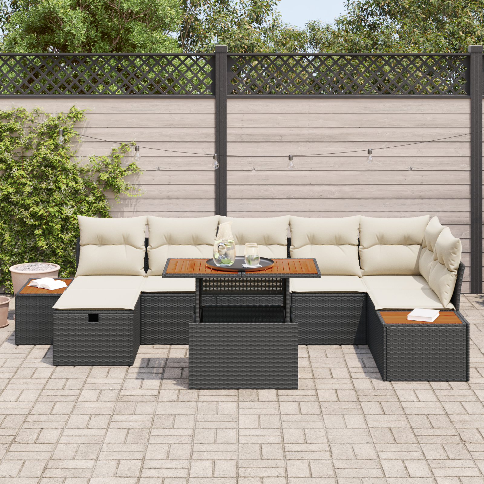 Conjunto de Sofás de Jardim de 8 Peças com Almofadas - Rattan PE Preto & Acácia