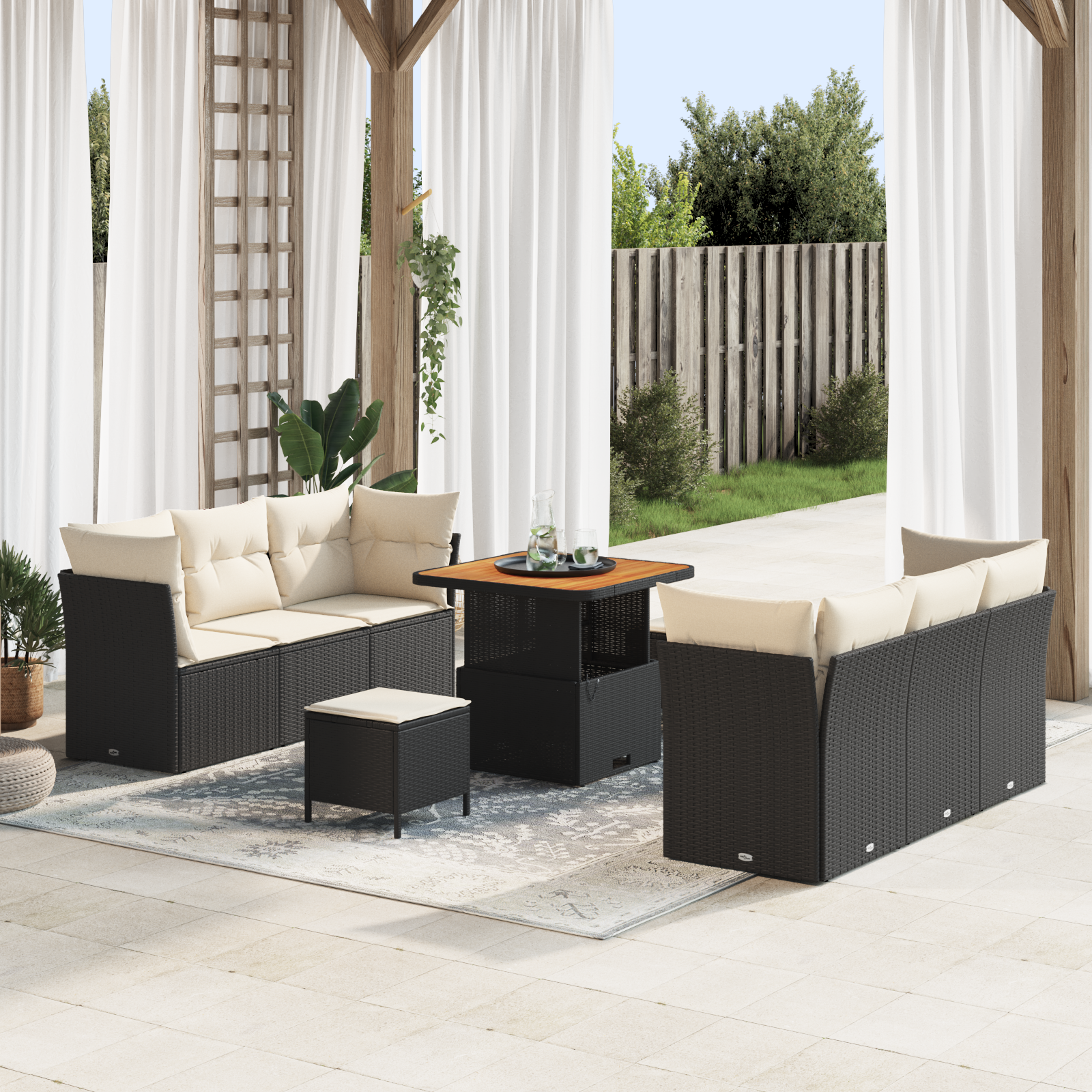 Conjunto Sofá de Jardim de 9 Peças com Almofadas Rattan Polímero Preto Acácia Conjunto Sofá de Jardim de 9 Peças com Almofadas Rattan Polímero Preto Acácia