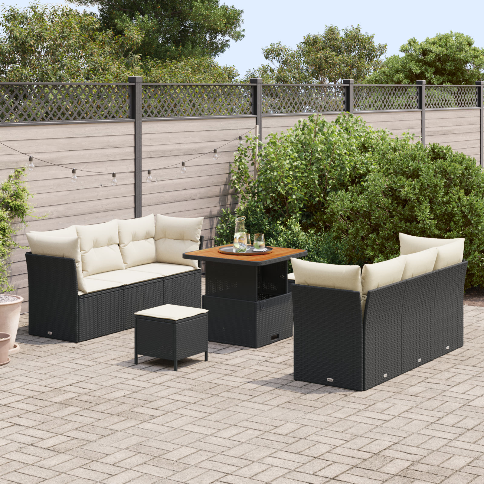 Conjunto Sofá de Jardim de 9 Peças com Almofadas Rattan Polímero Preto Acácia