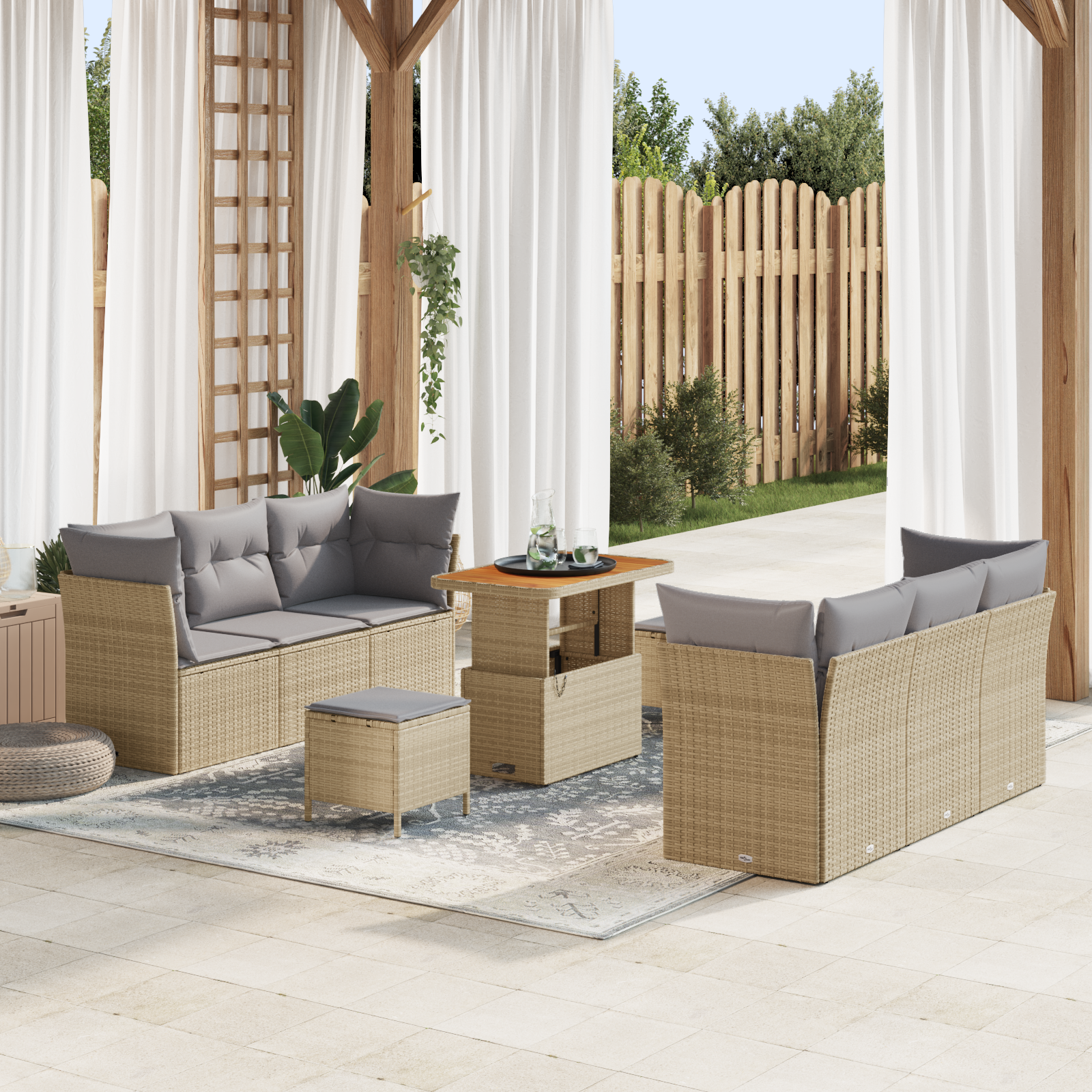Conjunto de Sofá Modular de 9 Peças com Almofadas Bege Vime Poli Acácia, Conjunto de Jantar de Jardim de 3 Peças com Almofadas Bege Vime Poli Acácia Conjunto de Sofá Modular de 9 Peças com Almofadas Bege Vime Poli Acácia, Conjunto de Jantar de Jardim de 3 Peças com Almofadas Bege Vime Poli Acácia