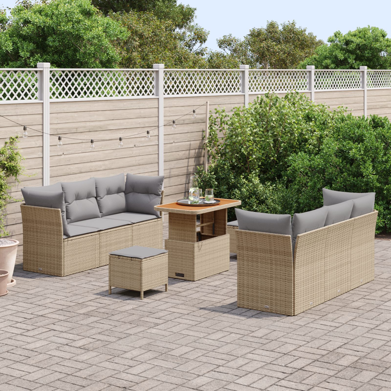 Conjunto de Sofá Modular de 9 Peças com Almofadas Bege Vime Poli Acácia, Conjunto de Jantar de Jardim de 3 Peças com Almofadas Bege Vime Poli Acácia