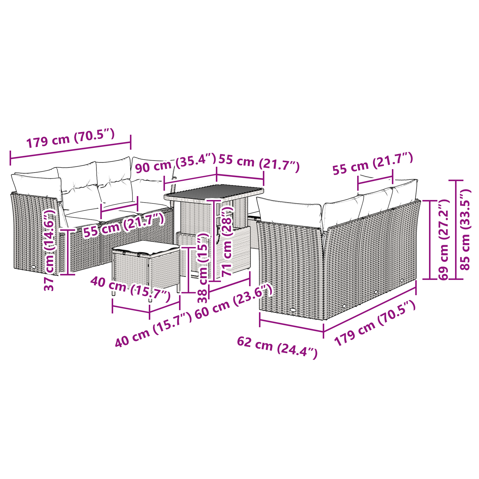 Conjunto de Sofá Modular de 9 Peças com Almofadas Bege Vime Poli Acácia, Conjunto de Jantar de Jardim de 3 Peças com Almofadas Bege Vime Poli Acácia