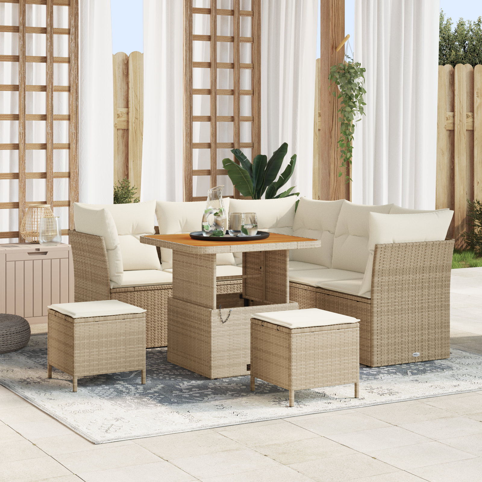 Set divano da giardino da 8 pezzi con cuscini beige in polirattan acacia