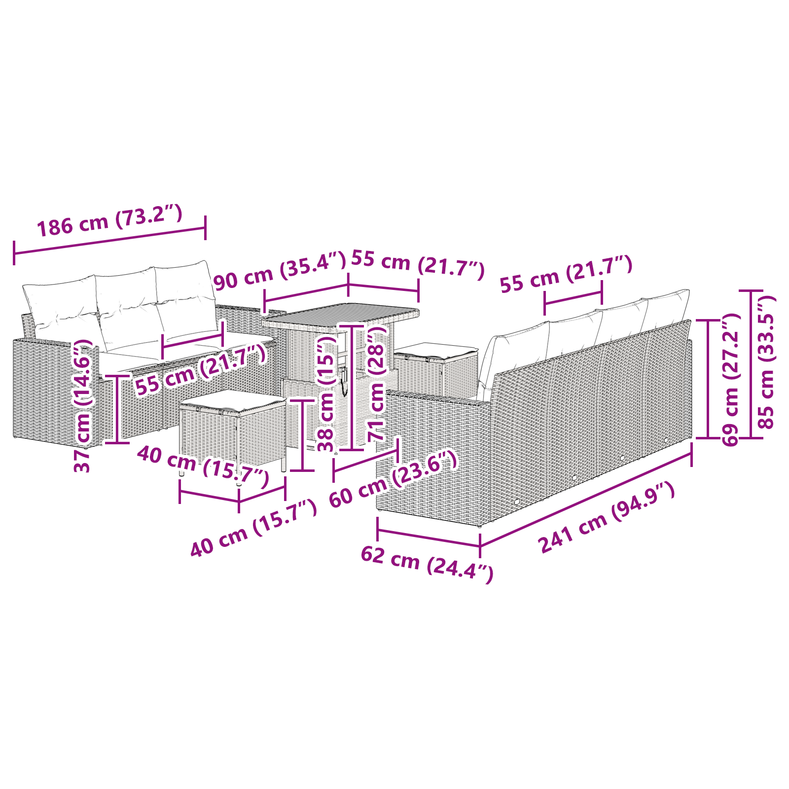 10 dalių sodas sofų komplektas su pagalvėmis pilkas poli ratanas akacija - Image 9