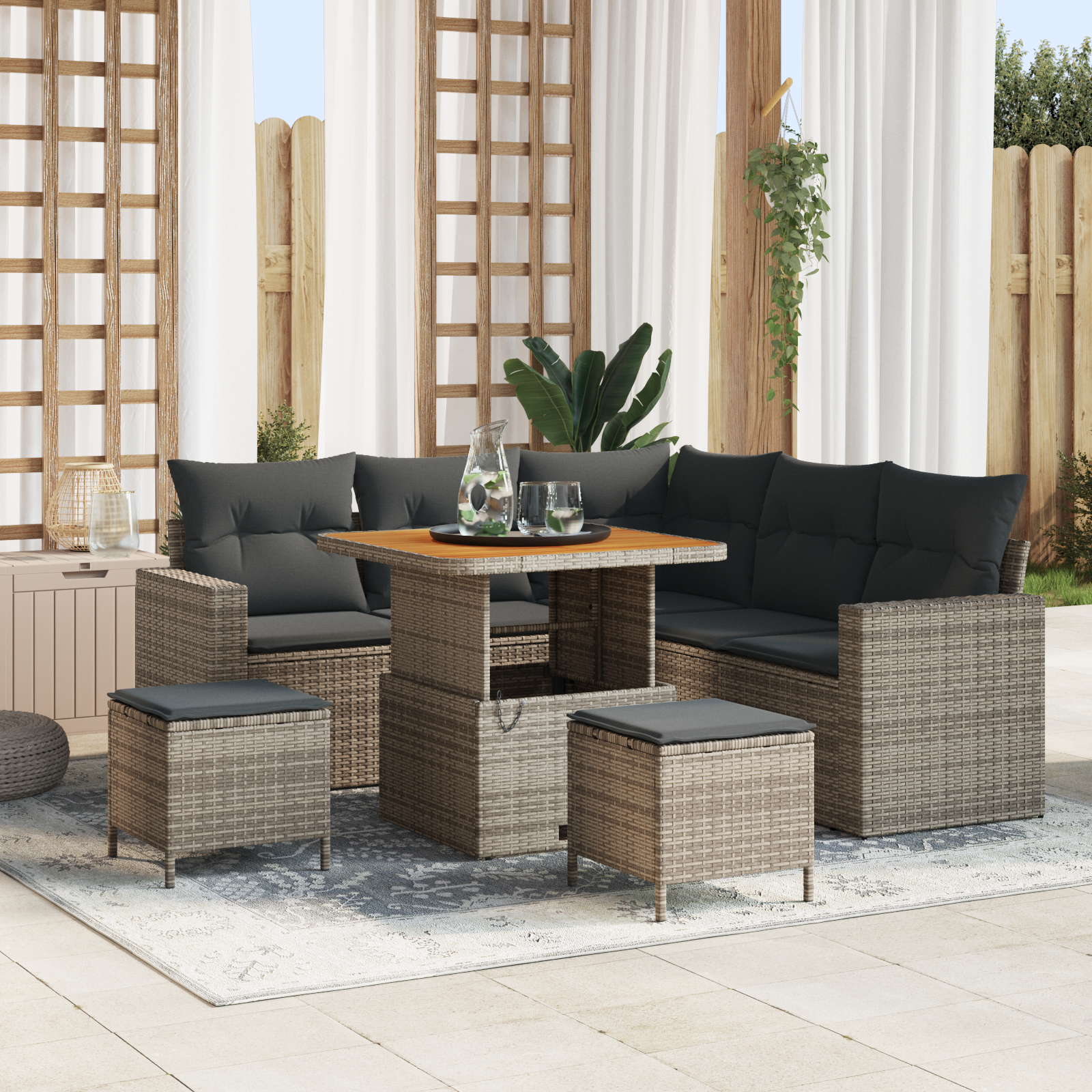 Set di Divani da Giardino da 8 Pezzi con Cuscini Grigio in Rattan Poliesotetico Acacia